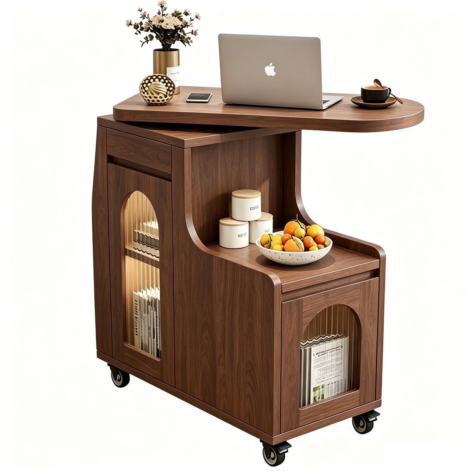 JOSBY Rotating Side Table, With Double Layer Side Shelves And Lockable Wheels; Modern Style Glass Arch Sofa Side Table, Movable Bedside Table For Living Rooms And Bedrooms Walnut 70×30×75