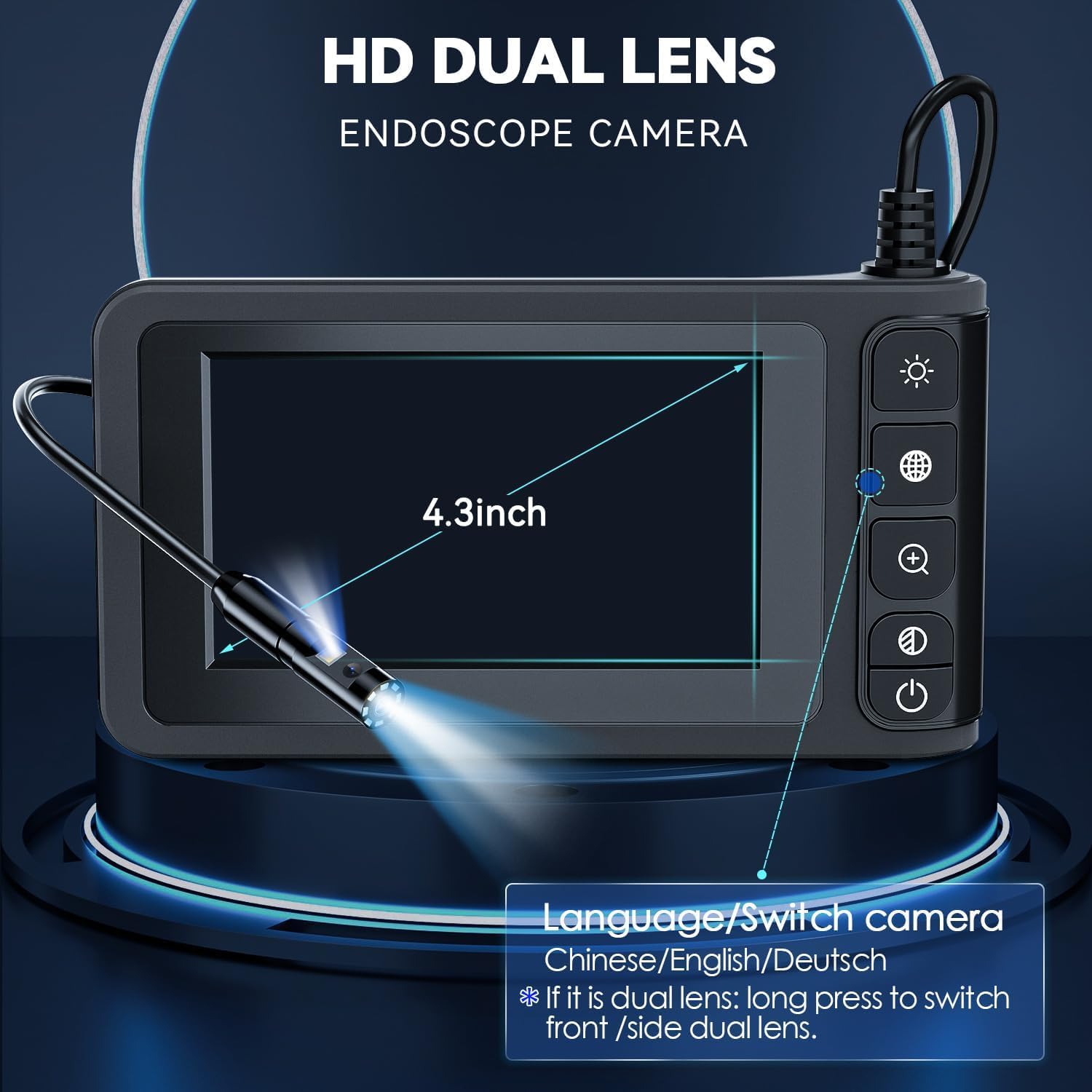 Endoscopio de Doble Lente con Luz, Cámara Endoscopio Digital SKYBASIC, Pantalla LCD de 4.3", Cámara de Inspección HD 7.9mm, IP67Cámara de Tubería Impermeable, Cámara Endoscopio con 8 Luces LED (5M)