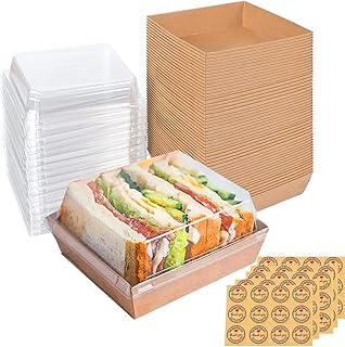 GUIFIER 50 PCS 5 In Paper Sandwich Boxes with Clear Secure Lids, Disposable Charcuterie Boxes, Bakery Boxes Square Food Containers, Roll Cake Box, Kraft Cookie Boxes Dessert Boxes Pastry Boxes (Brown)