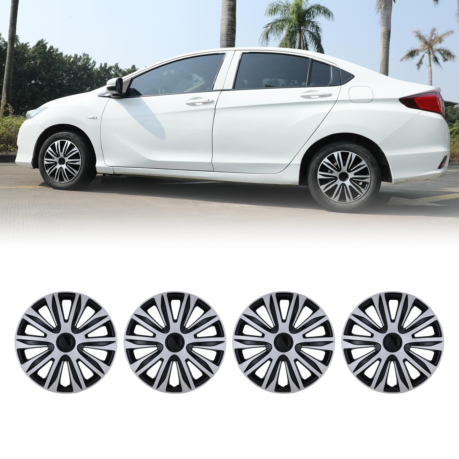 AUTOFREE 16 inch Wheel Covers Hubcaps Silver & Black Lacquer, Universal ABS Wheel Rim Covers Snap Clip-On Auto Tire Guards Replacement, Set of 4 - for Car Truck SUV 16 Inch Tire