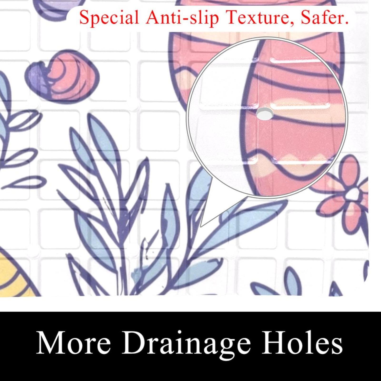 Doodle Tapis de bain rectangulaire antidérapant avec ventouses Motif œufs de Pâques avec fleurs et plantes Lavable en machine 40 x 70 cm