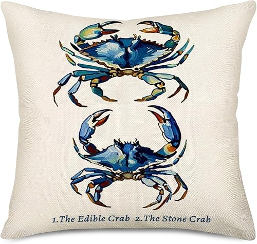 Miniatura 5 de Juego de 4 fundas de almohada decorativas de algodón y lino, diseño de caballito de mar azul, cangrejo de mar, coral, estrellas de mar, para sofá,