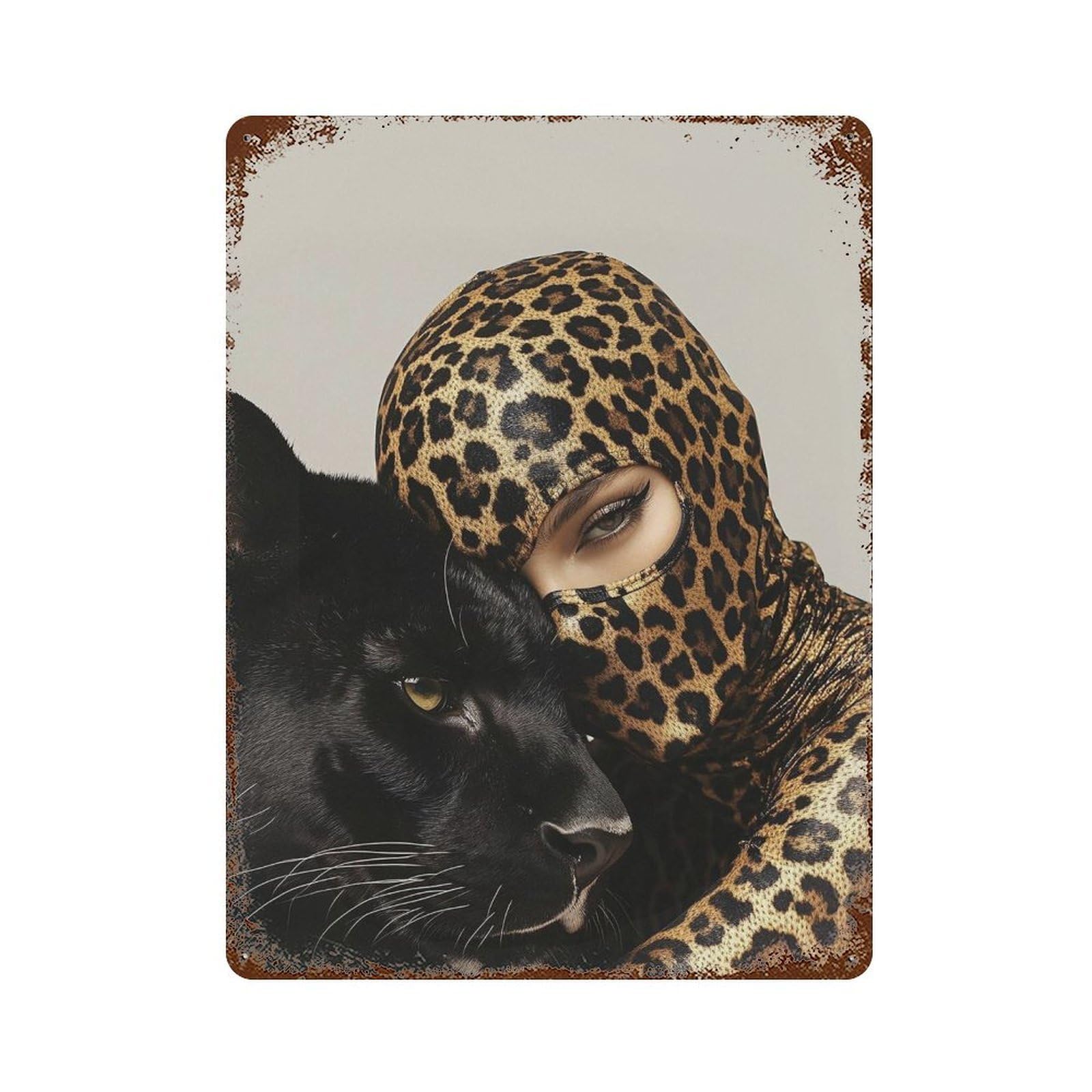 xiaoxiaoshen The Black Panther And The Woman Wearing Leopard Print Wall Decor Art Metal Tin Poster Modern Home Decor Art Home Bar Shop Decorations Vintage Sign 40x30cm