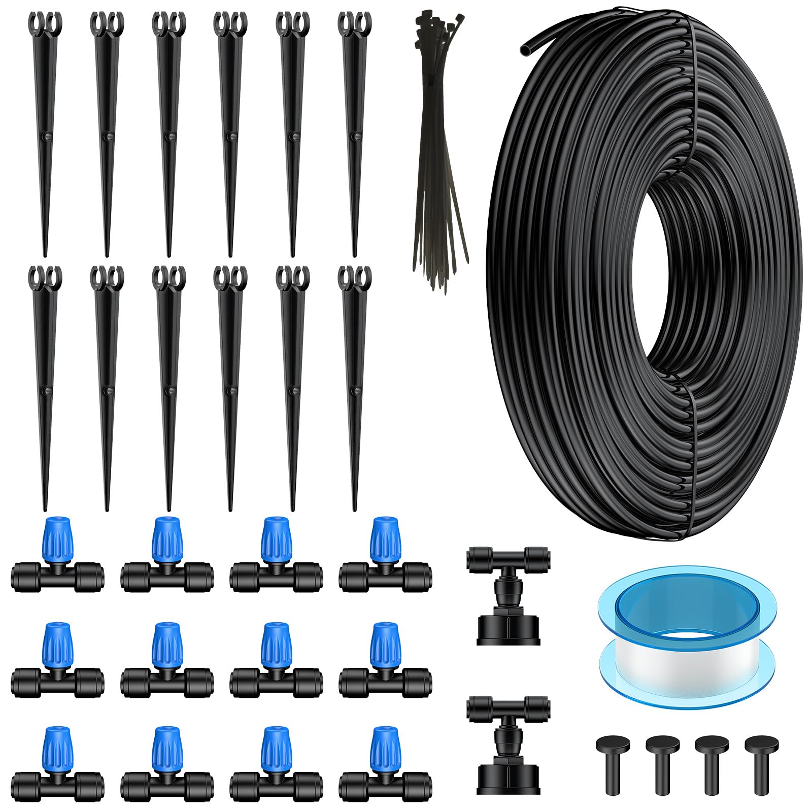 Pawfly Drip Irrigation Kit, 15 M Quick-Connect Drip Irrigation System with 0.64 CM Tubing Misting Nozzles & Accessories Plant Watering Devices for Greenhouse Lawn Patio Flower Bed