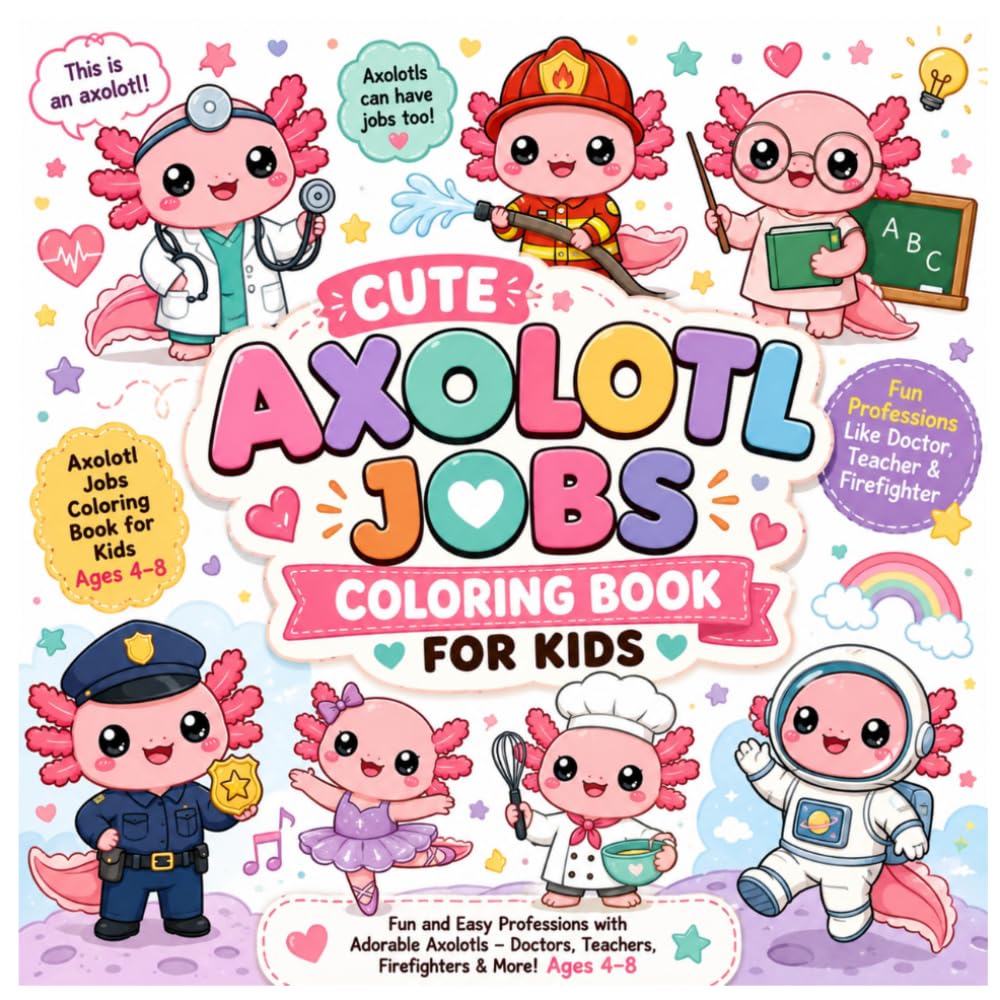 Cute Axolotl Jobs Coloring Book for Kids: Fun and Easy Professions with Adorable Axolotls – Doctors, Teachers, Firefighters & More! Ages 4–8 (Kawaii Axolotl Coloring Book)