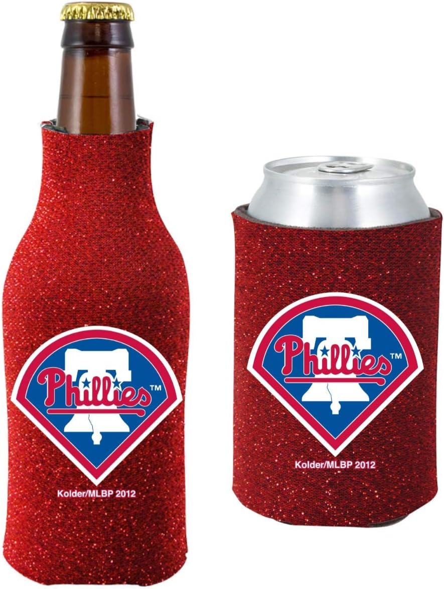 MLB Baseball Team Logo Womens Glitter Bottle & Can Cooler Set 12oz Neoprene Beverage Drink Holder Sleeve