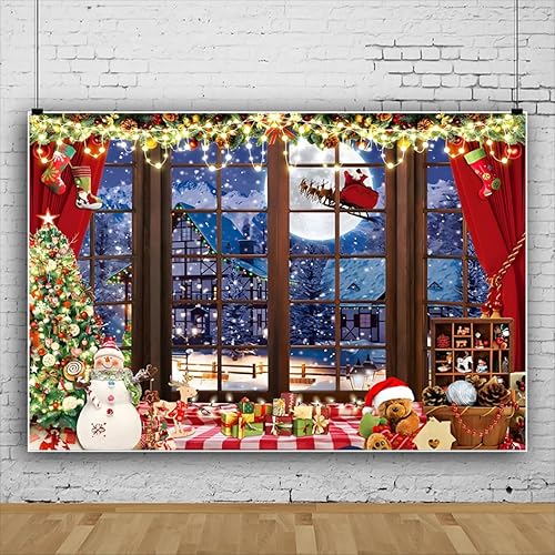 TOENGS Telón de fondo de Navidad de 15 x 8 pies para fotografía, árbol de Navidad, nieve, paisaje, ventana, fondo de invierno, muñeco de nieve,