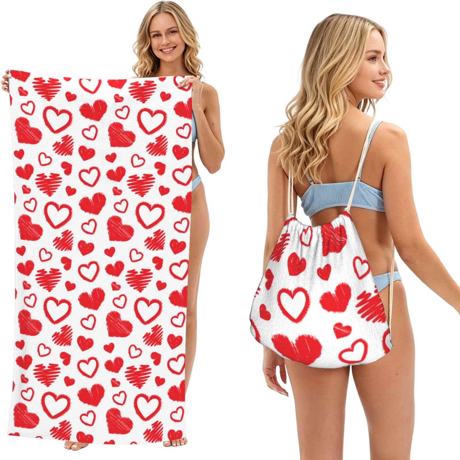 Poadnly As Picture Valentines Day Heart, 2 In 1 Packable Towel Bag, Beach Towels With Drawstring Backpack For Travel Holiday Camping