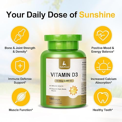 Miniatura 4 de Vitamina D3 2000 UI (50 mcg) 180 cápsulas blandas  Apoya la salud inmunológica, la absorción de calcio y la fuerza ósea  Esencial para huesos sanos,