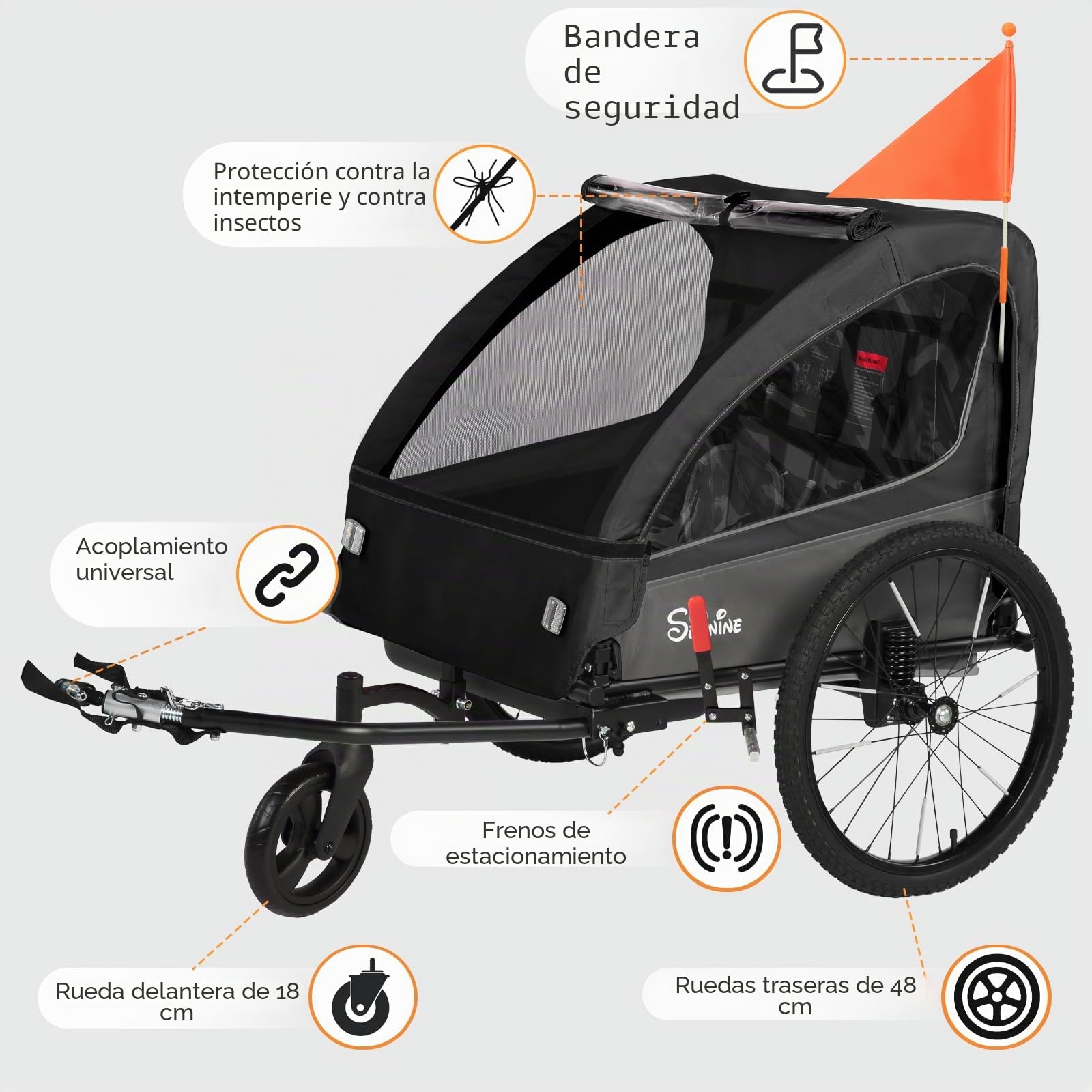 SEPNINE Remolque Infantil 2 en 1 y Cochecito con suspensión, Remolque de Bicicleta para 1 a 2 niños máximo, función de Jogger, Plegable, Amplio Maletero