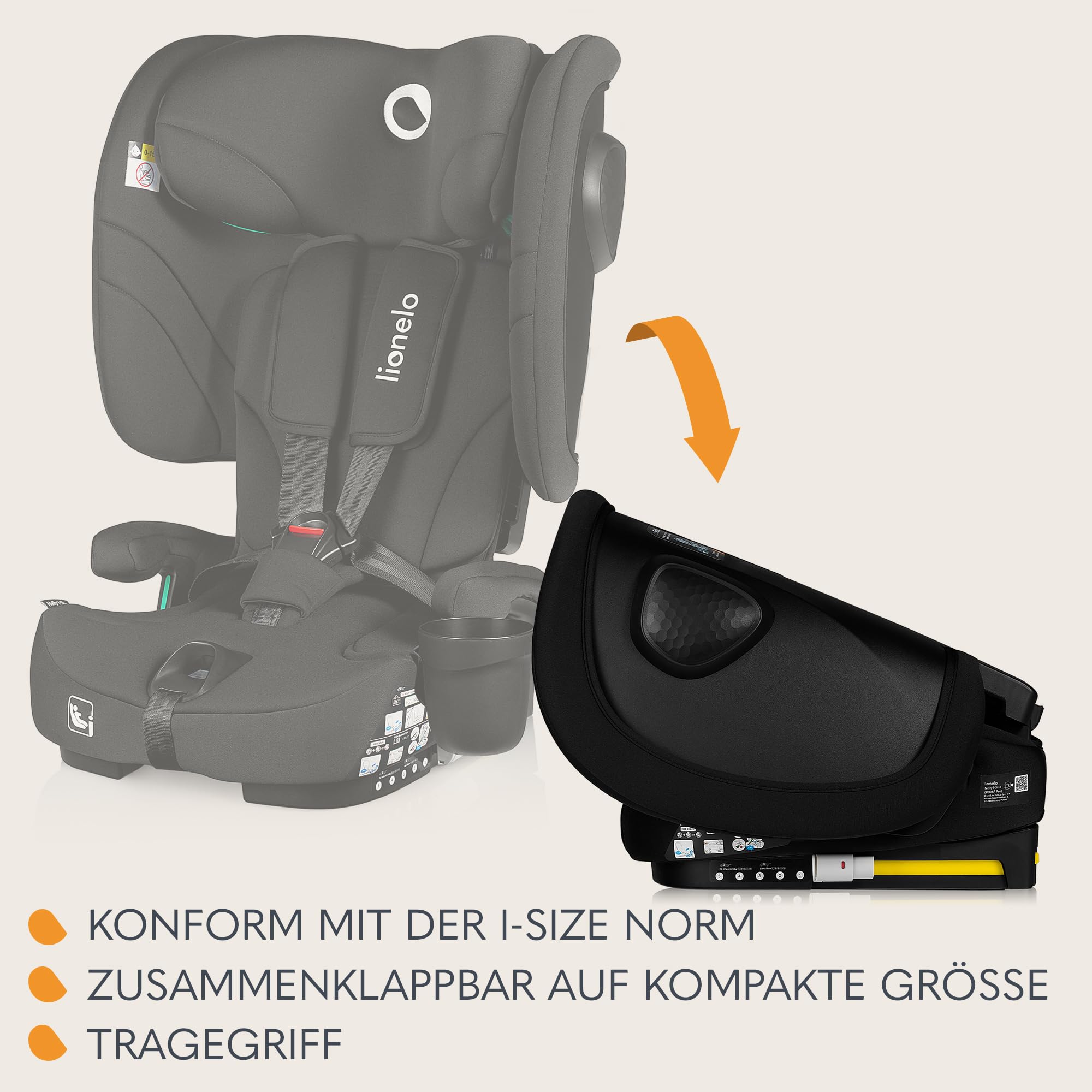 LIONELO NELLY I-SIZE Faltbarer Kindersitz 76-150 cm (ca. 15 Monate - 12 Jahre) Gruppe 1 2 3 Einbau mit ISOFIX und TT-Gurt hinten, Seitenschutz, Kopfstützen- und Rückenlehnenverstellung