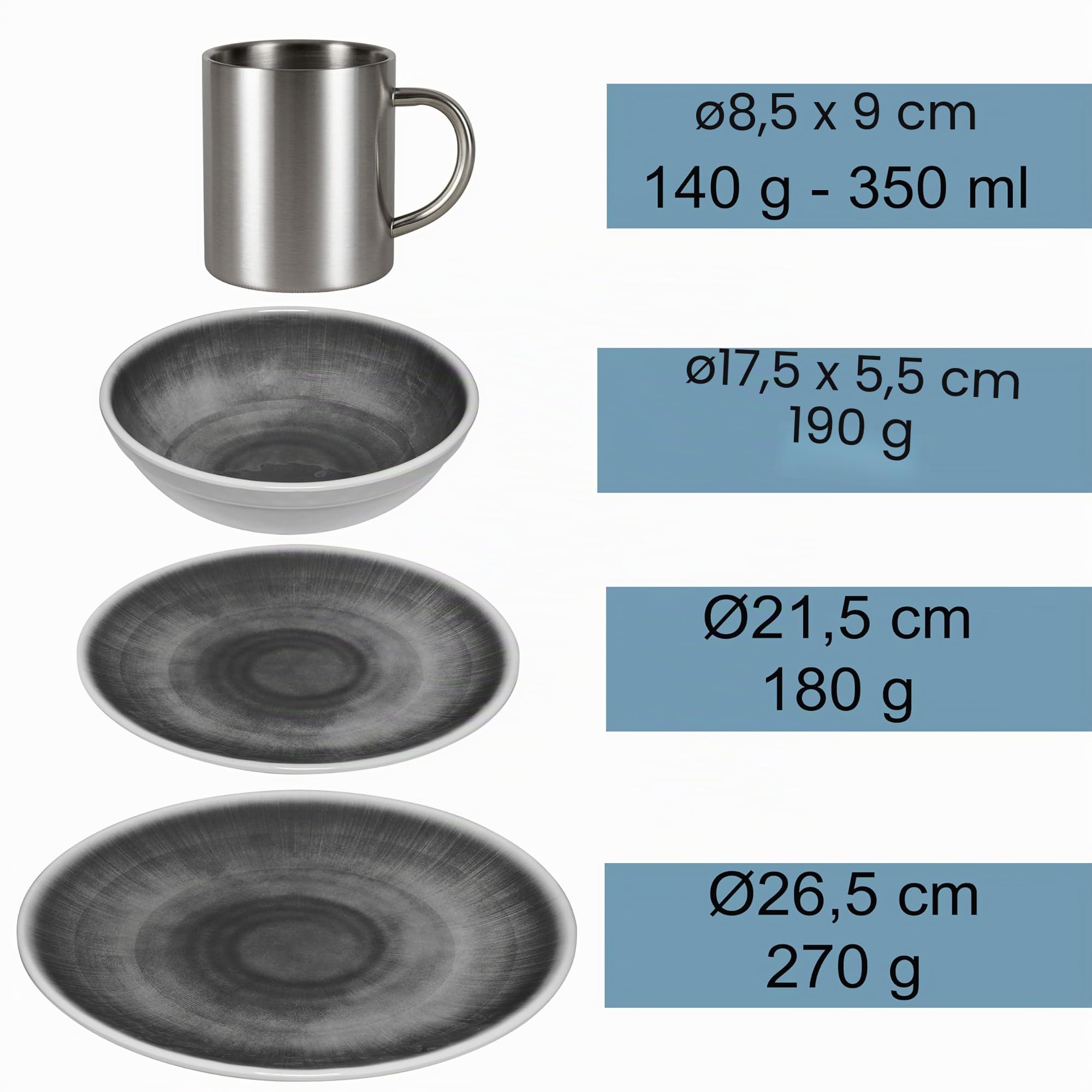 Melamin Geschirr Set Braun für 4 Personen 16 Teile Edelstahl Thermo Tassen