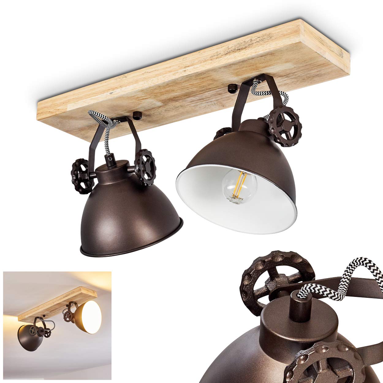 Ceiling lamp Svanfolk, Metal/Wood Ceiling lamp in Black-Brown/Nature, 2-Flame, with Adjustable spotlights, 2 x E14 Socket, Retro/Vintage Design, Without Bulbs