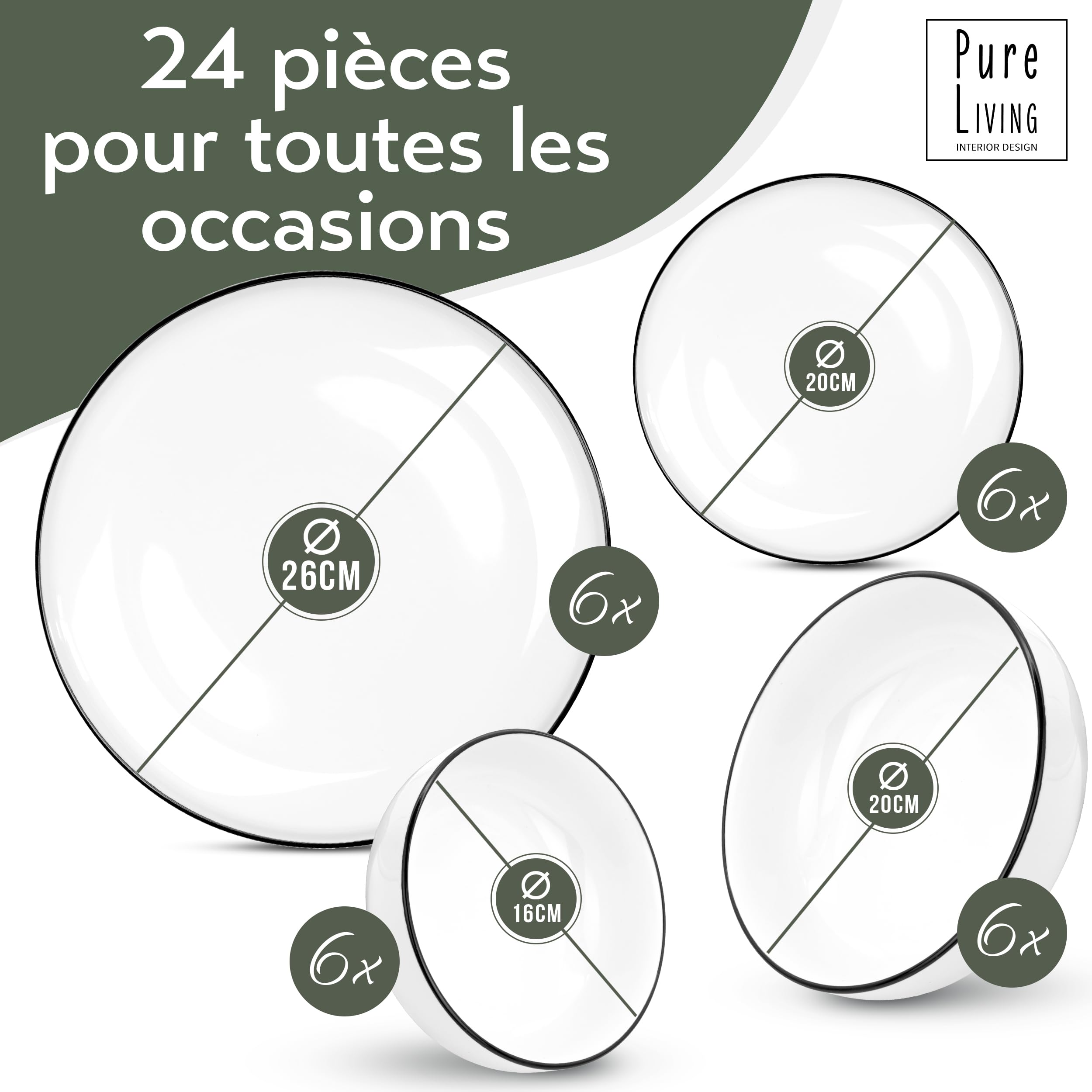 Service vaisselle complet pour 6 personnes Scandi-Style - 24 pièces en porcelaine premium blanche, de qualité supérieure - Ensemble d'assiettes et de bols résistente au lave-vaisselle