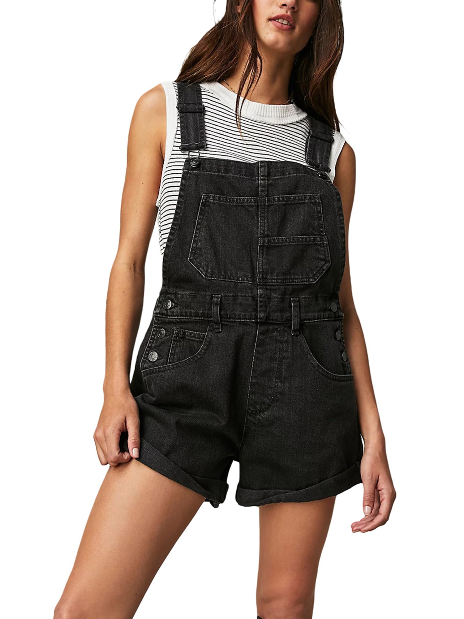 GXNRHG Damen-Denim-Baggy-Trägershorts, Overalls, verstellbare Hosenträger, gerollte Manschette, weites Bein, Kurze Jeans-Latzhose mit Taschen, Y2K-Streetwear