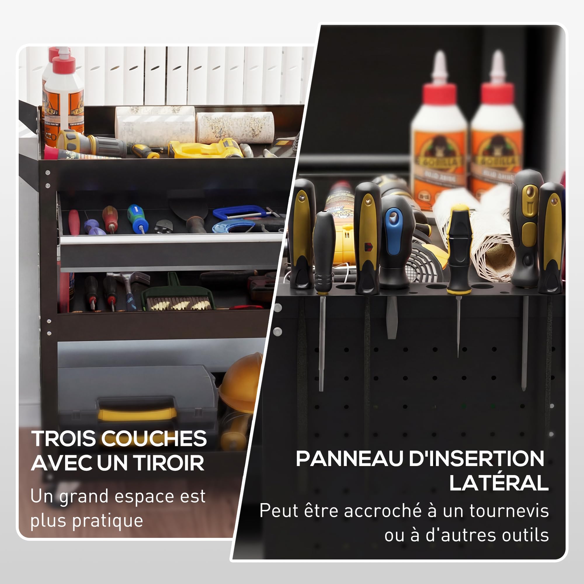 DURHAND - Carro de taller para taller de 3 niveles con cajón, portaherramientas lateral y asa, sirve taller para garaje, almacén, herramientas de bricolaje, 82 x 35 x 76 cm, color negro