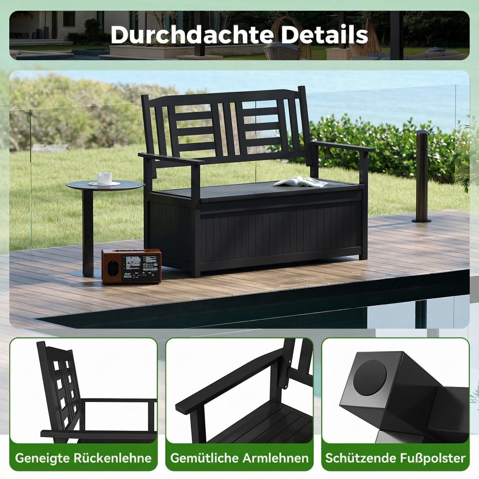 COSTWAY Gartenbank Holz mit Stauraum, wetterfeste Truhenbank, 2-Sitzer Holzbank mit integrierter Kissenbox, Balkonbank, Sitzbank für Garten, Balkon, Terrasse, 123 x 68,5 x 96 cm (Schwarz)