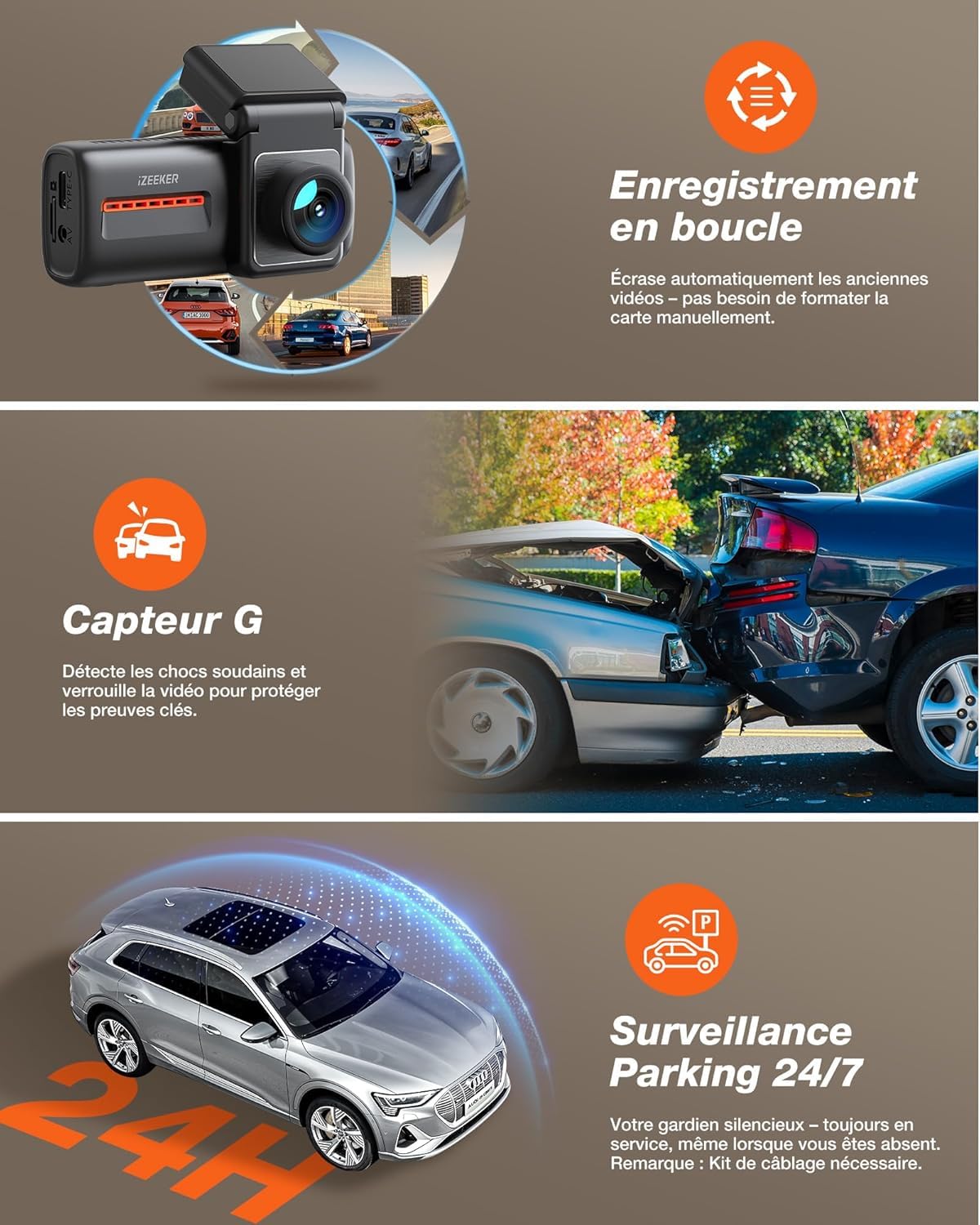 iZEEKER 4K Dashcam Voiture Avant Arrière, Wi-Fi 6 Intégré, Carte SD 32G Offerte, Caméra Dual 4K+1080P, Écran IPS 2,99", Contrôle APP, Vision Nuit, G Capteur, Enregistrement en Boucle, Mode Parking 24H