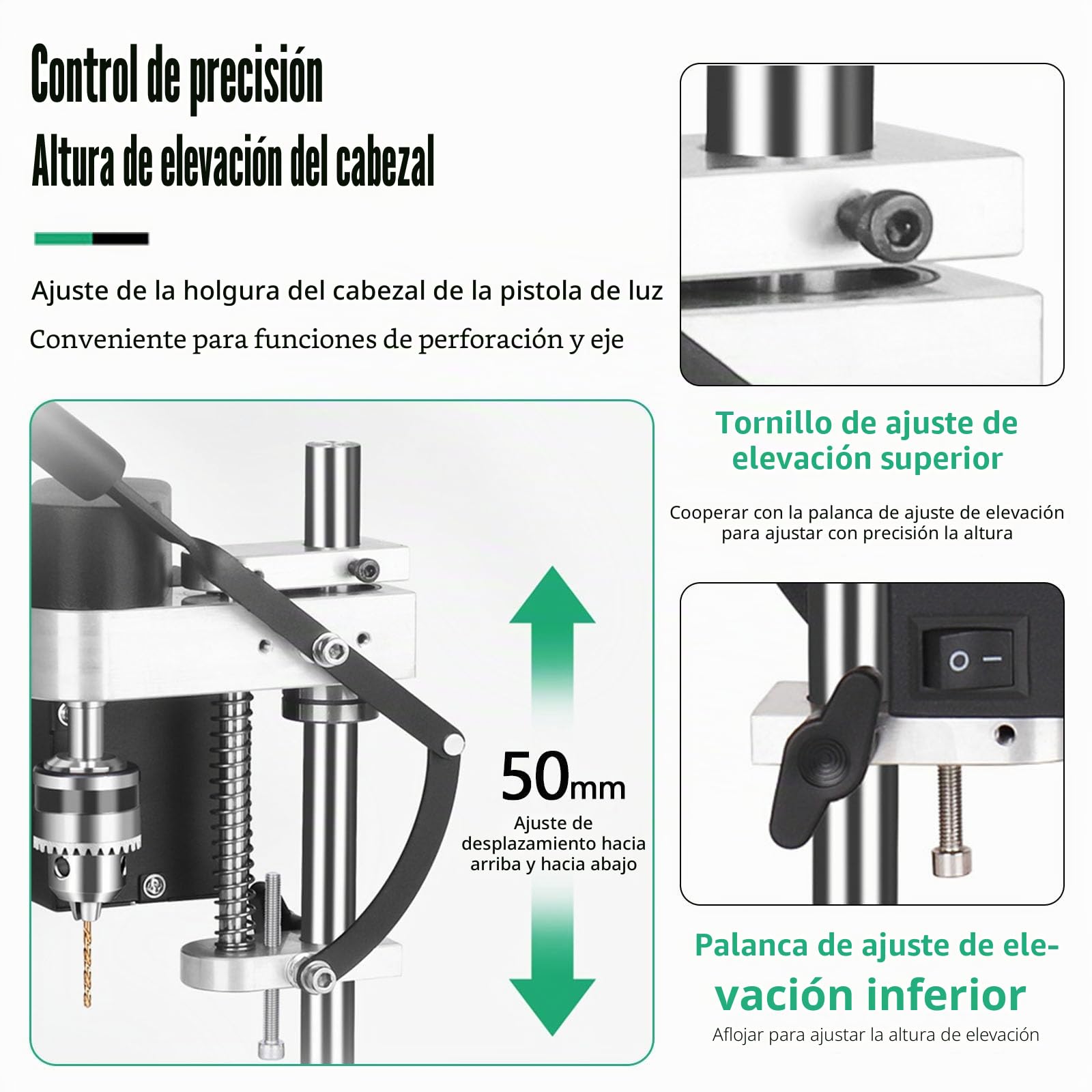 Taladro Columna, 250W Mini Taladro De Banco Taladro De Pie Portabrocas De Velocidad Ajustable De 7 Velocidades Con Un Alcance De 0,3-4 Mm Ajuste De Altura De 50 Mm Para Metal Madera Acrílico Aluminio