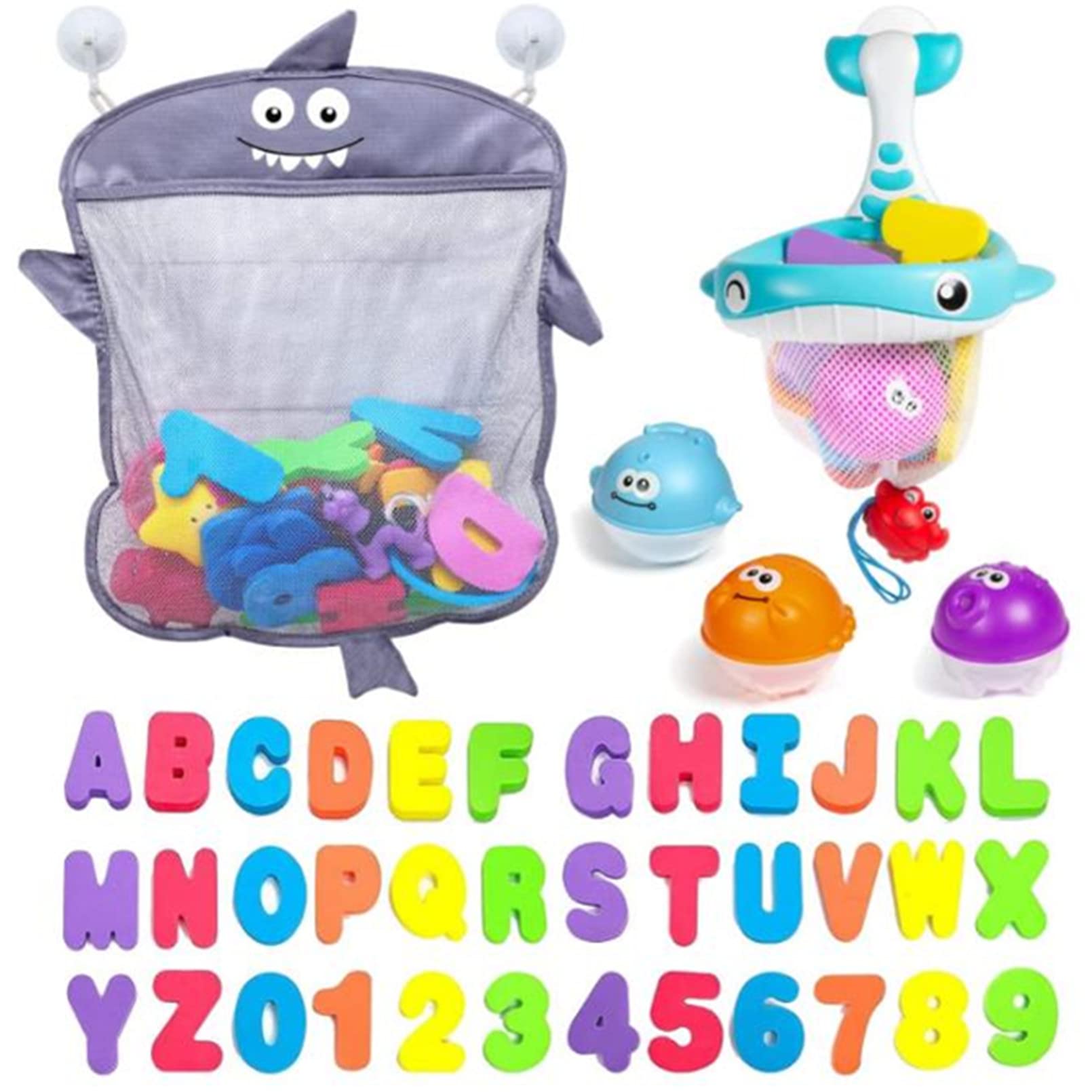Baby Bath Toy Sets, 36 Foam Bath Letters and Numbers, Floating Squirts Animal Toys Set with Fishing Net and Organizer Bag, Fish Catching and Pitching Game for Babies Infants Toddlers Bathtub Time