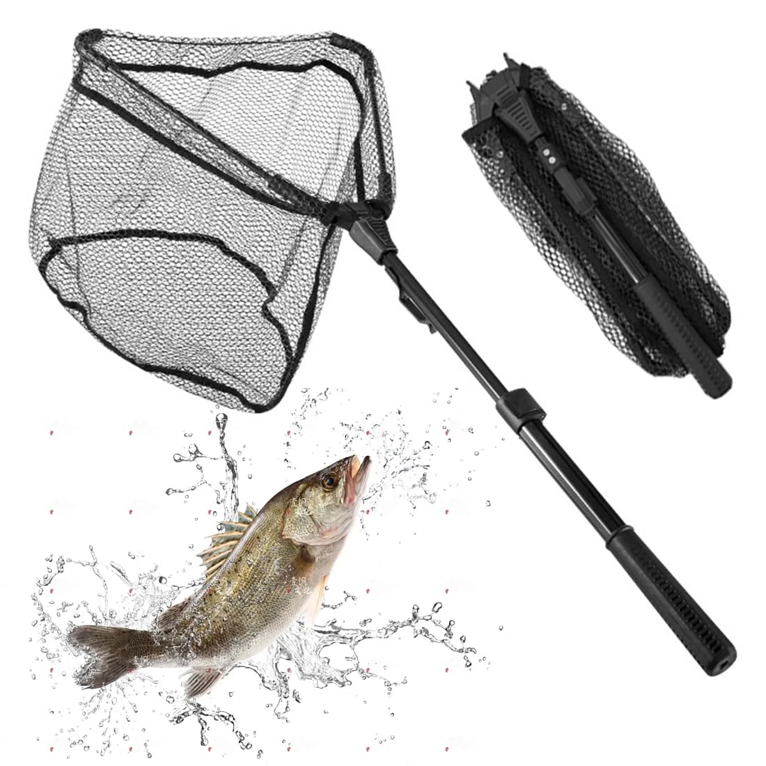 CEWROM Guadino da pesca con manico antiscivolo, guadino pieghevole, telescopico, per kayak, salmon, catfish, basso, facile da catturare e liberare