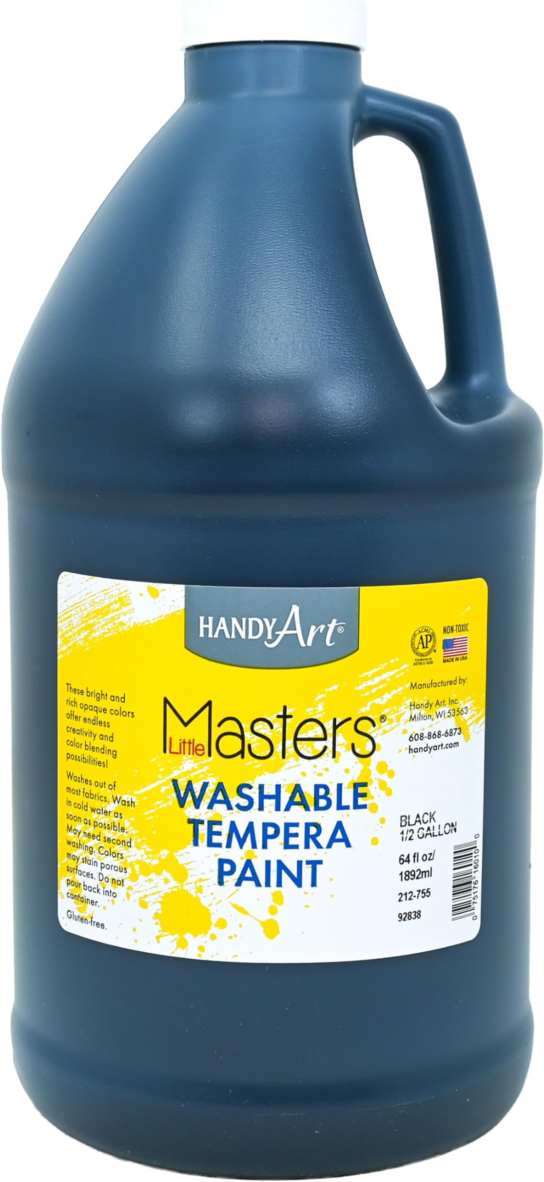 Handy Art Little Masters Washable Tempera Paint, Black, Half Gallon 64 oz Bottle, Bright & Mixable, High Opacity, Washable Colors for Classroom, Students, Kids, Safe & Non-Toxic, Made in USA