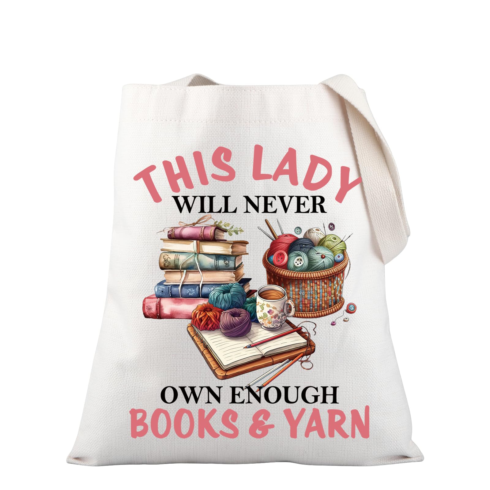 PLITI Funny Crochet Gift Knitting Gift Book Lover Gift This Lady Will Never Own Enough Books & Yarn Tote For Bookworm