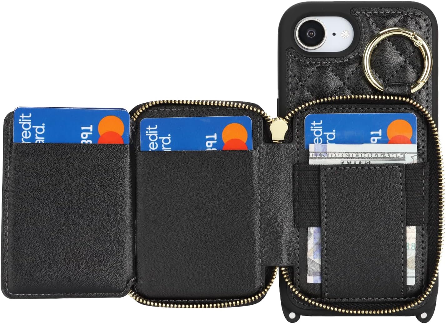 Crossbody Wallet Case for iPhone 17e/16e, PU Leather Zipper Handbag Purse Flip Cover, Kickstand Folio Case with Card Slots Holder Wrist Strap Lanyard 5G 6.1 Inch-Black