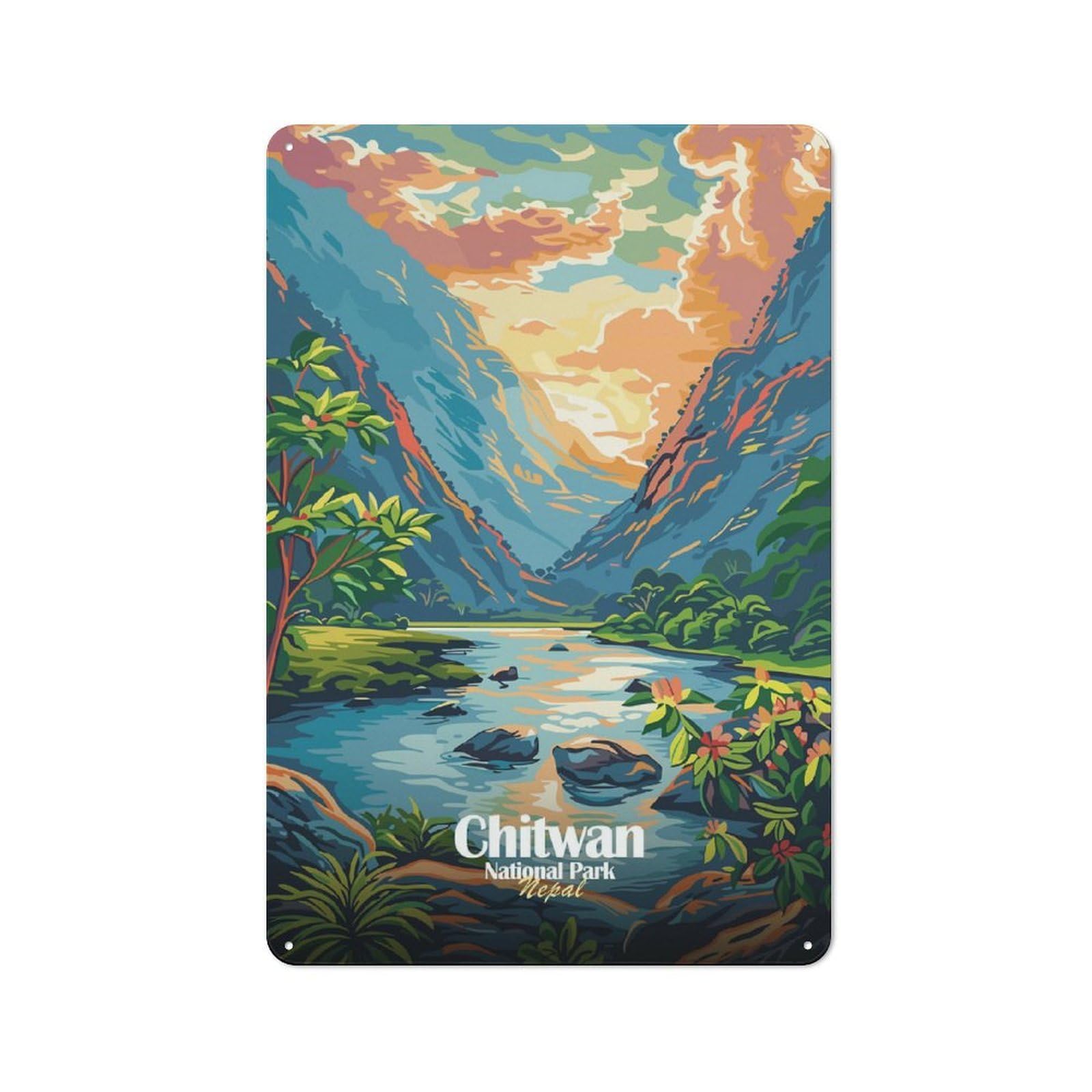 Junmoney Style-6 Chitwan National Park, Nepal Illustration Vintage Tin Sign 30X20cm For Café Or Restaurant, Suited To Café Owners And Decorators