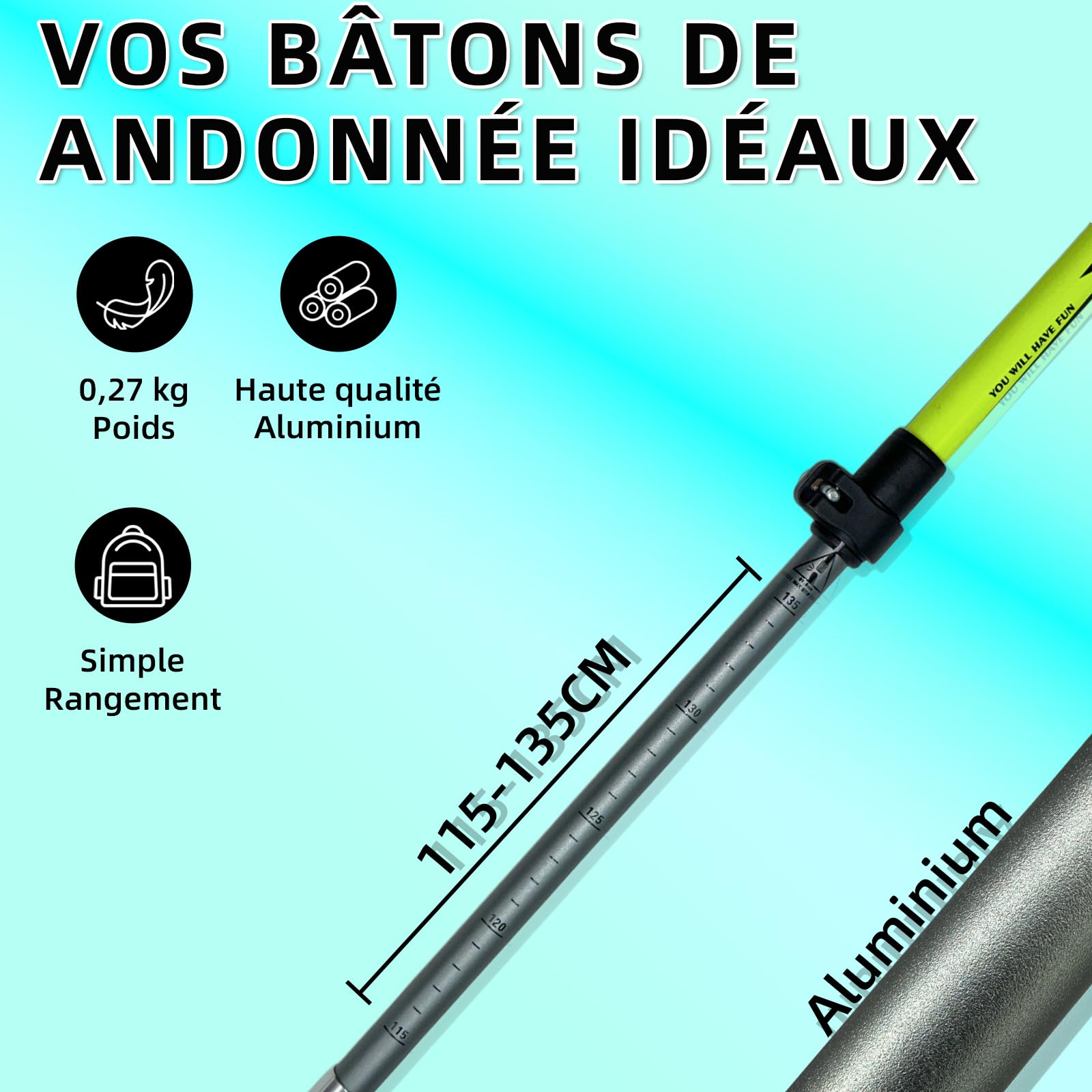 115-135CM Baton de Marche Pliable | Aluminium Bâton de Marche | Baton de Randonnée Nordique | Telescopique