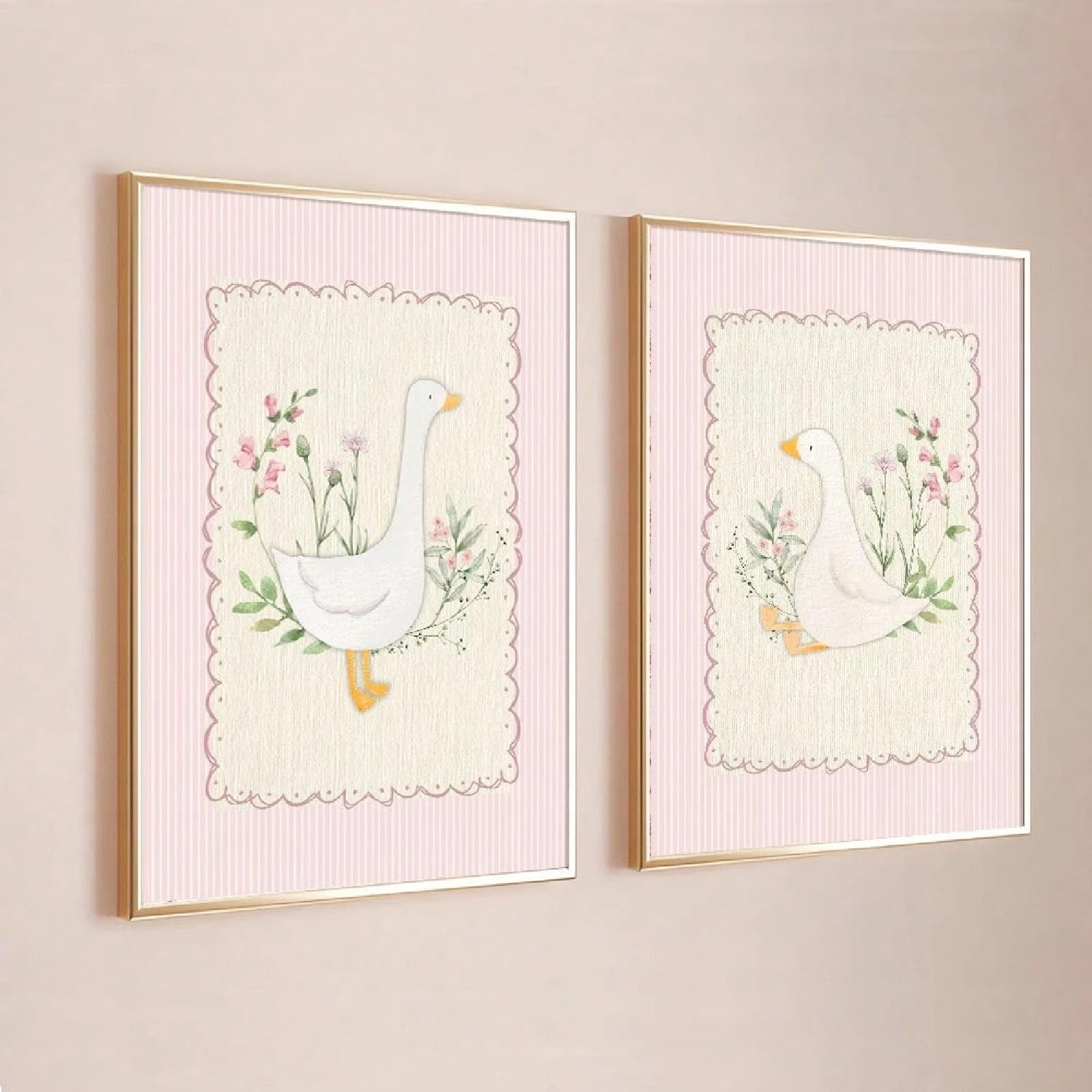 ZBELLO 2pcs/set Pink Silly Goose Children's Room Poster, Neutral Minimalist Style, Charming Farm Animals, Girl's Bedroom, Modern Home Decoration, Frameless (40x50cm,canvas painting)