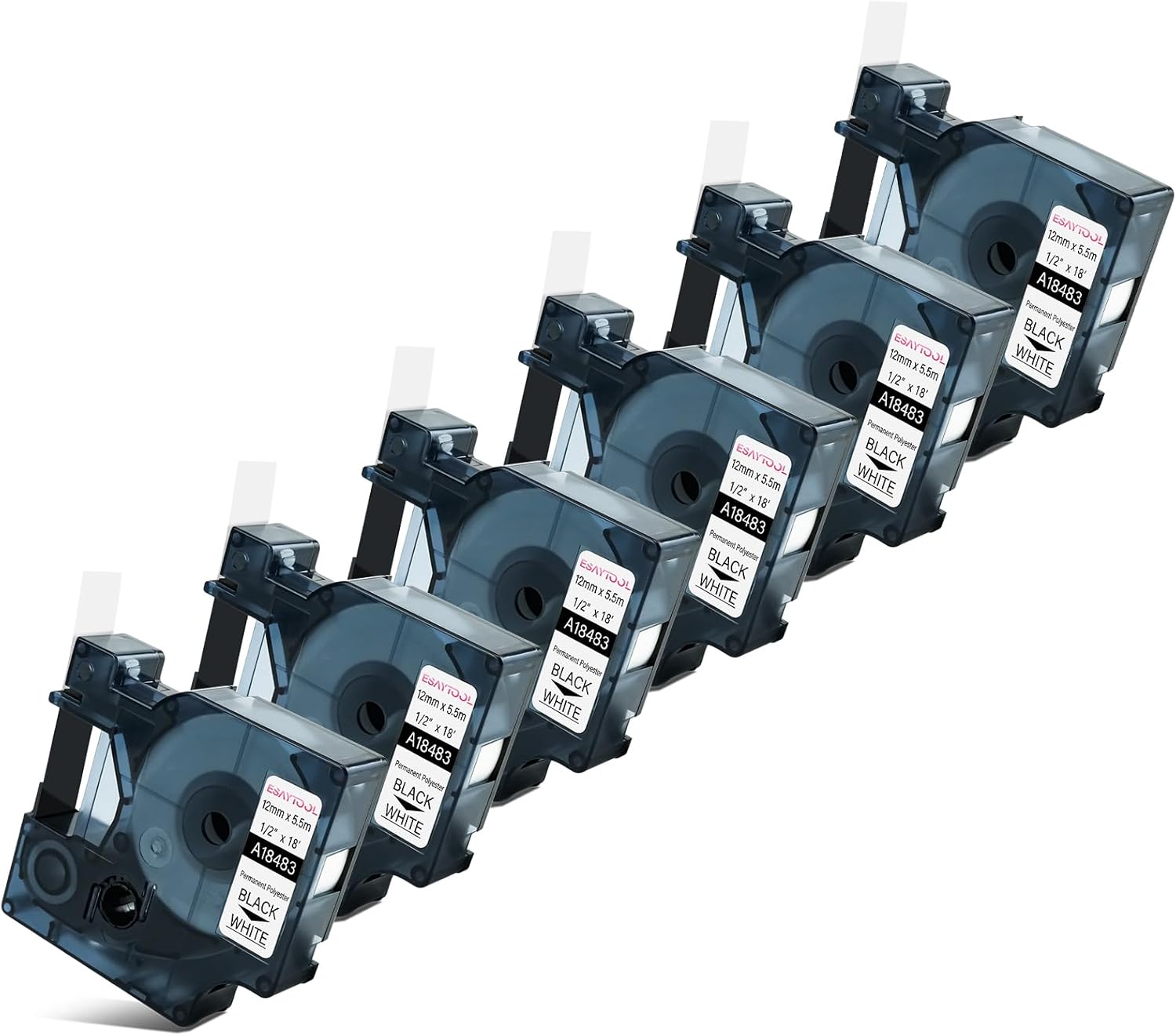 6 X Compatible with Dymo Permanent Polyester Industrial Label Tape 18483 A18483 Black on White 12mm 1/2 inch x 18 Feet Replacement for Rhino 1000 3000 5200 4200 3M PL100 PL200 Label Maker