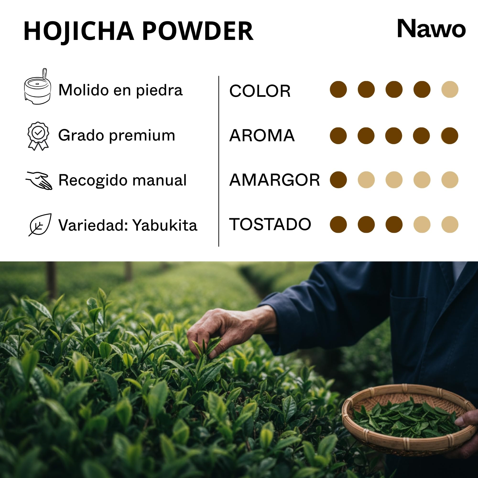 Té Hojicha en Polvo Barista – 250 g, Té Verde Tostado de Calidad Profesional, Perfil Suave y Aromático, Ideal para Lattes, Cafeterías y Uso Profesional – NAWO® Matcha