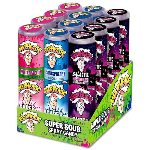 WARHEADS Super Sour Candy Spray Assorted Flavors 0.68 oz Bottles 12 Pack | Multi-Pack Is Ideal For Sharing, Stocking Treat Drawers, Giveaways, Parties, And Keeping Extras Available - 0.68 Ounce (Pack of 12)