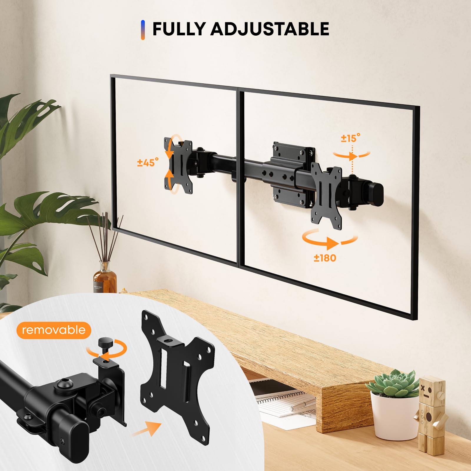 Supporto da Parete per Doppio Schermo, da Singolo a Doppio Schermo Attacco VESA per 2 Schermi da 13 a 27 pollici, Adattatore per Supporto Monitor Inclinabile e Girevole fino a 10kg, VESA 75x75/100x100