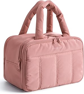 Travel Toiletry Bag, Puffy Large Toiletry Bag for Women, Lightweight Cosmetic Makeup Bag Organizer with Handle for Traveling, Accessories, Essentials, Toiletries （Dark Pink