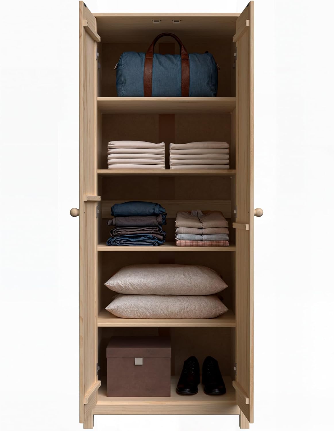 From the Tree Furniture Solid Wood Armoire – 2-Door Wardrobe Cabinet with Adjustable Shelves, Tall Bedroom Storage Closet, Unfinished