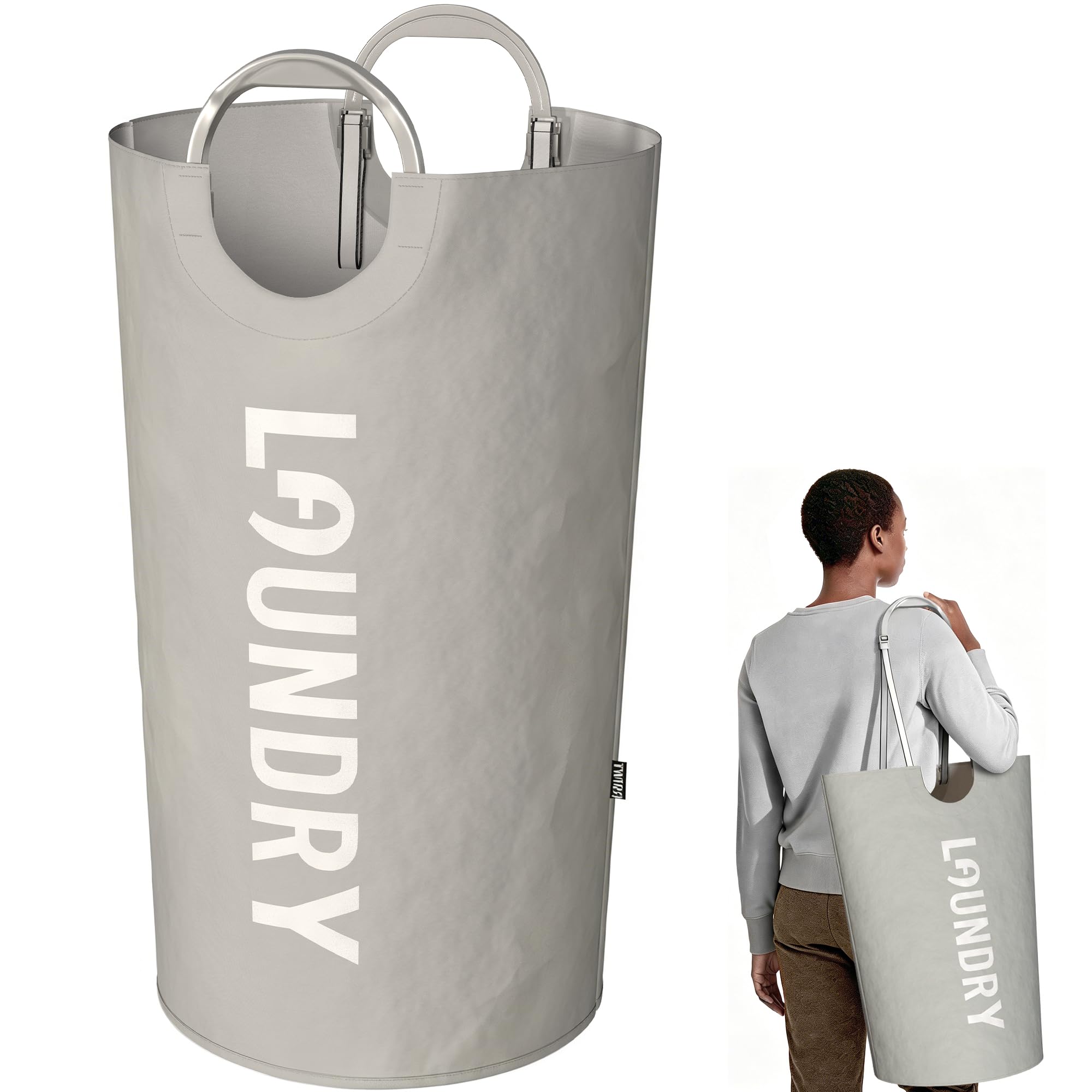 100L Laundry Basket with Tech Handle, 2in1 Dirty Clothes Hamper Light Grey