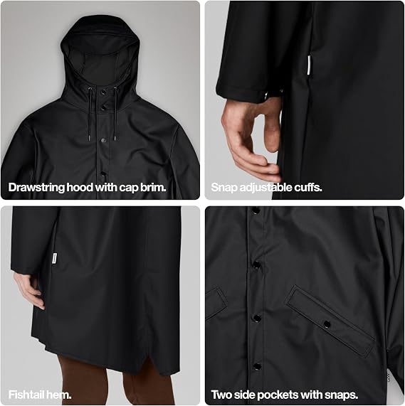 RAINS Long Jacket Waterproof Raincoat for Men and Women, Hooded