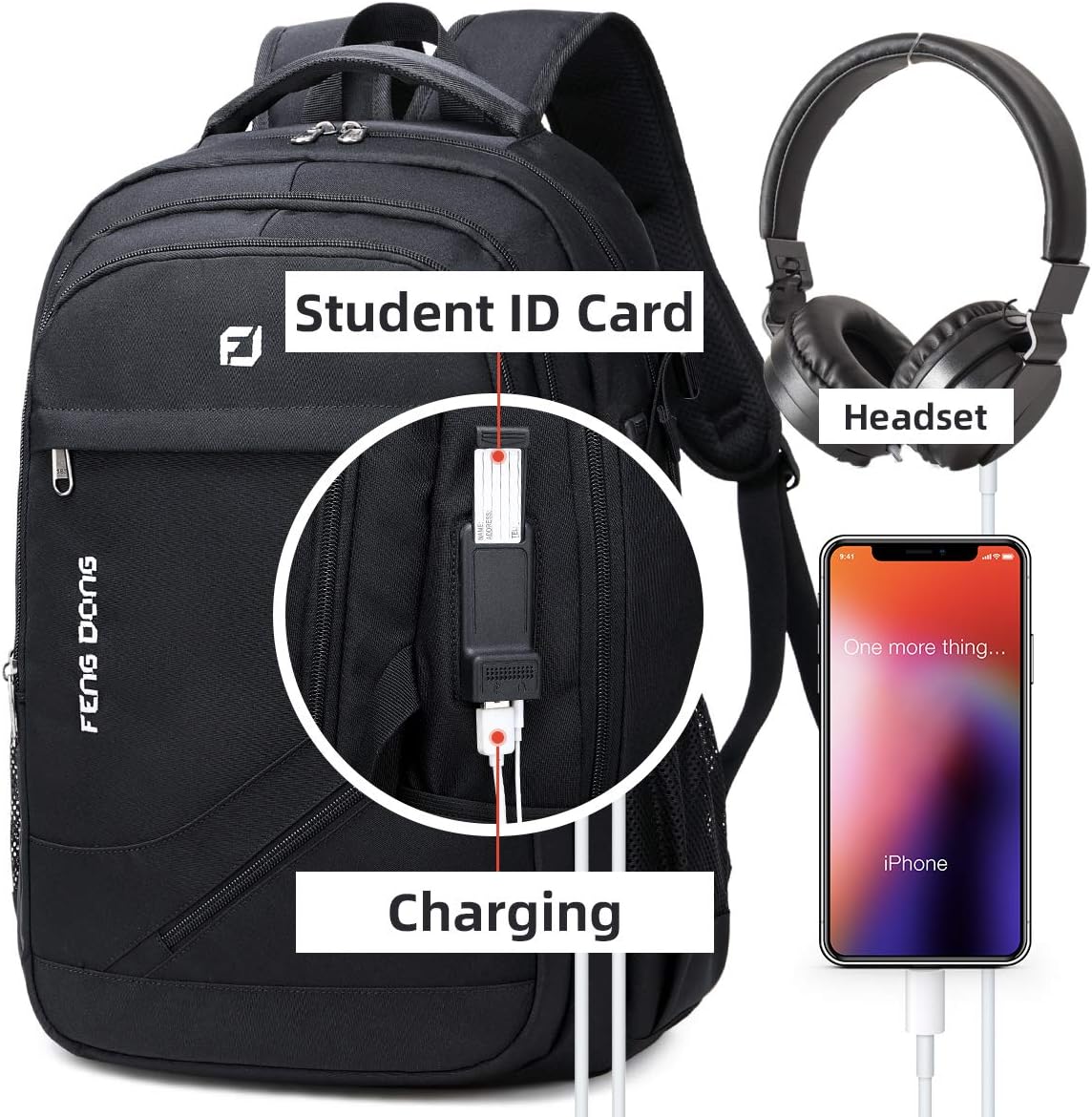 FENGDONG Durable Waterproof Travel Laptop Backpack 17.3 inch,Large College Backpack Bookbag for Men & Women Business Backpack with USB Charging Port and Headset Port Black image 3