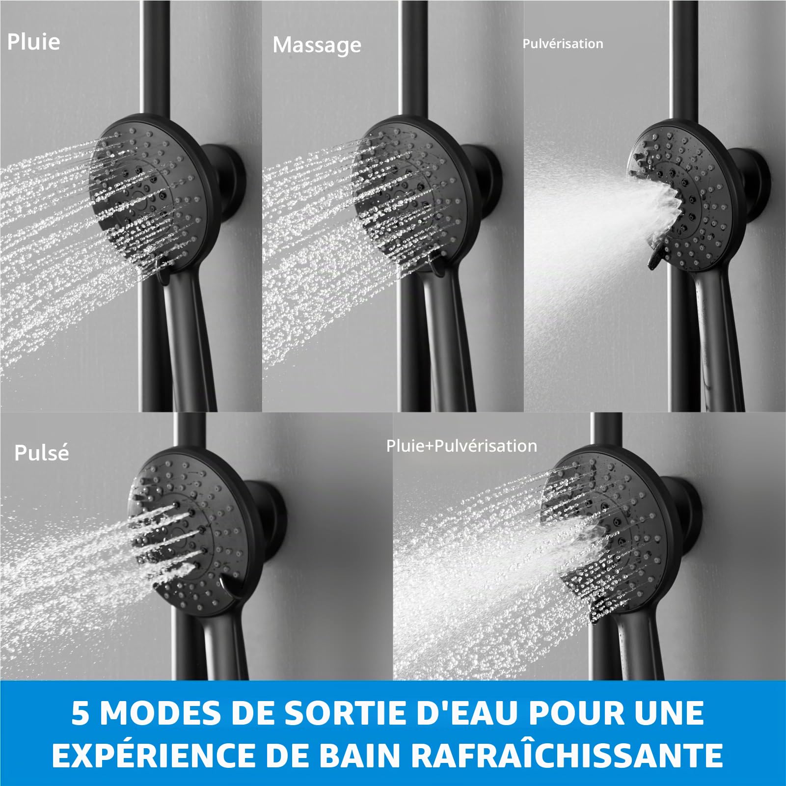 KOMIRO Colonne de Douche Noir, Ensemble de Douche avec Mitigeur Thermostatique, Réglable en Hauteur, Rond, Montage Mural, Ensemble de Salle de Bain