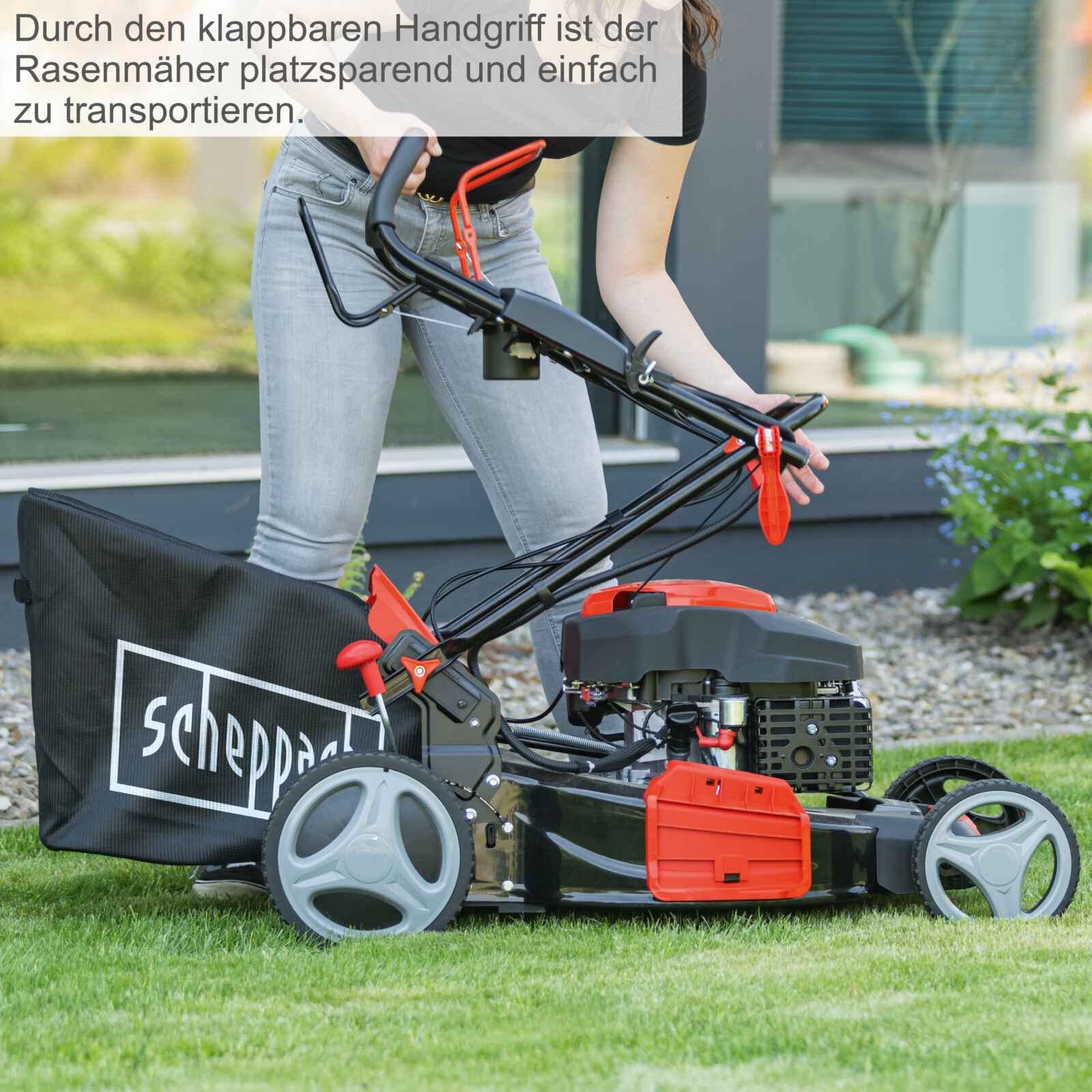 Scheppach MS150-46E Benzin Rasenmäher mit E-Start | 46cm Schnittbreite | Reinigungsfunktion | 55L Korb | Stahlgehäuse | 7-fache Höhenverstellung | Mulchen | Antrieb | Seitenauswurf | inkl. Motoröl