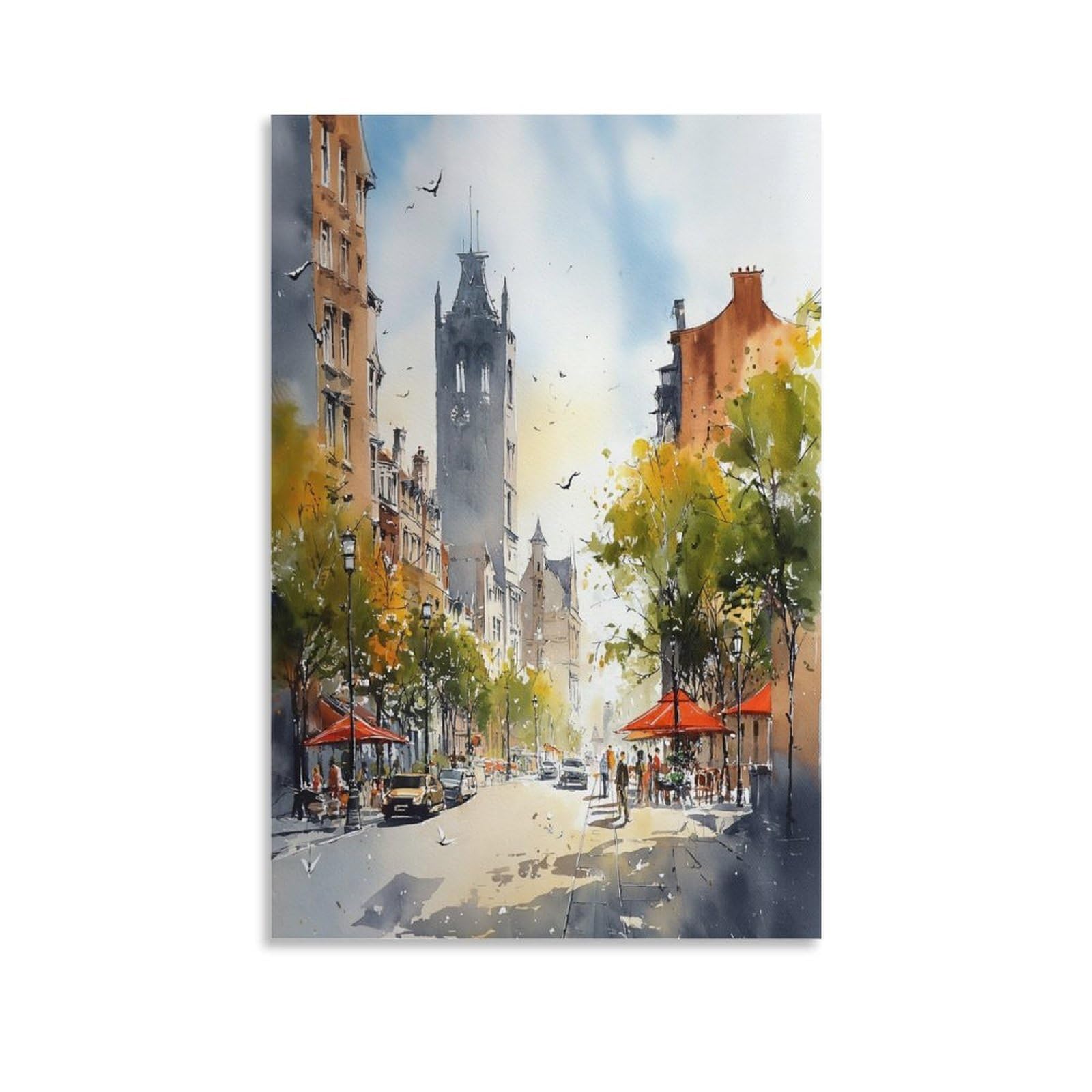 LCYNNH Boston Skyline Watercolor Painting Mid-Century Modern Massachusetts Travel Poster 24x36inch(60x90cm) Print Home Bedroom Office Living Room Decor Canvas
