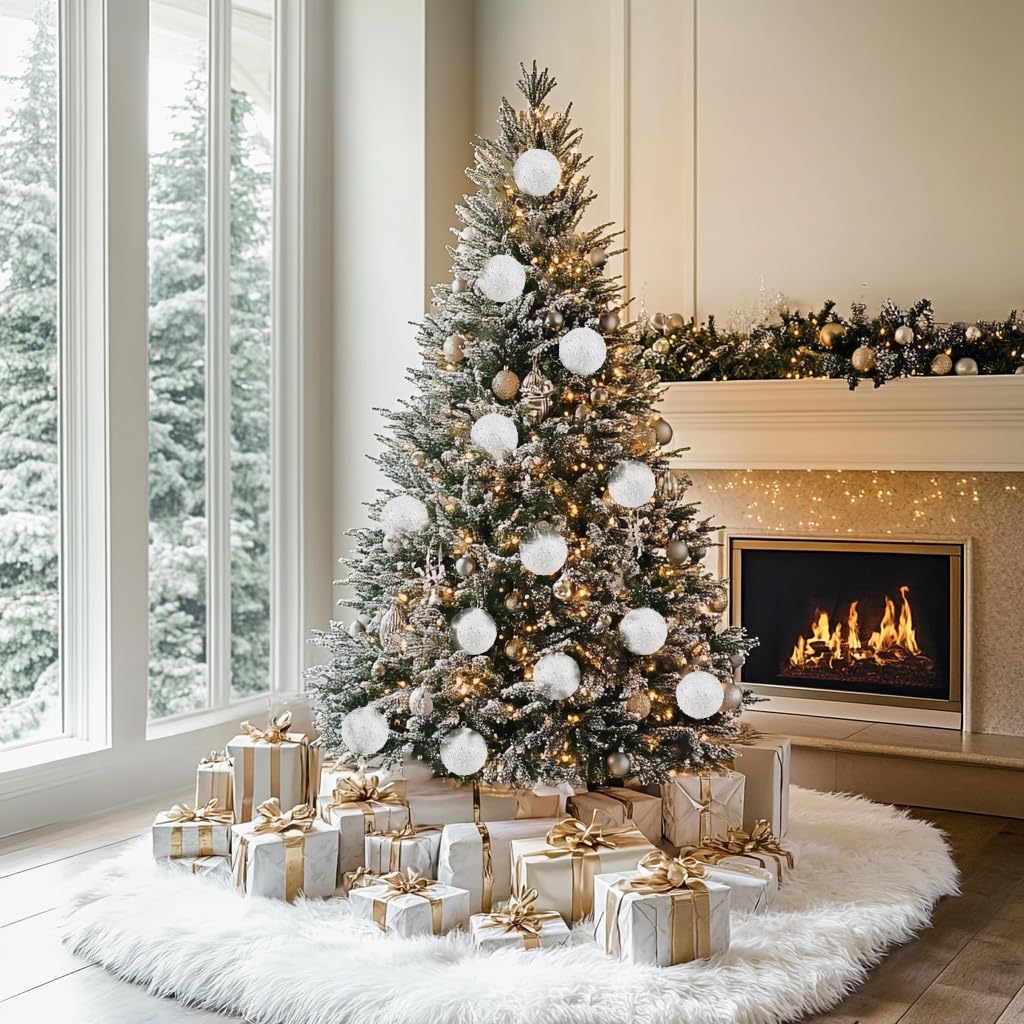 Oairse Adornos grandes de Navidad de 10 cm, 6 piezas inastillables grandes blancas para árbol de Navidad, adornos de árbol de Navidad con purpurina para Halloween, vacaciones, boda, decoración de