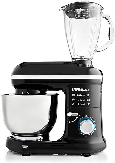 Sensio Home 2-in-1 Food Processor Blender & Stand Mixer Machine - 1300W Electric Motor - Dough Hook, Whisk, Beater, Splash Guard, 6-Speed - 4.5 Litre Stainless Steel Mixing Bowl - 1.5L Glass Jug