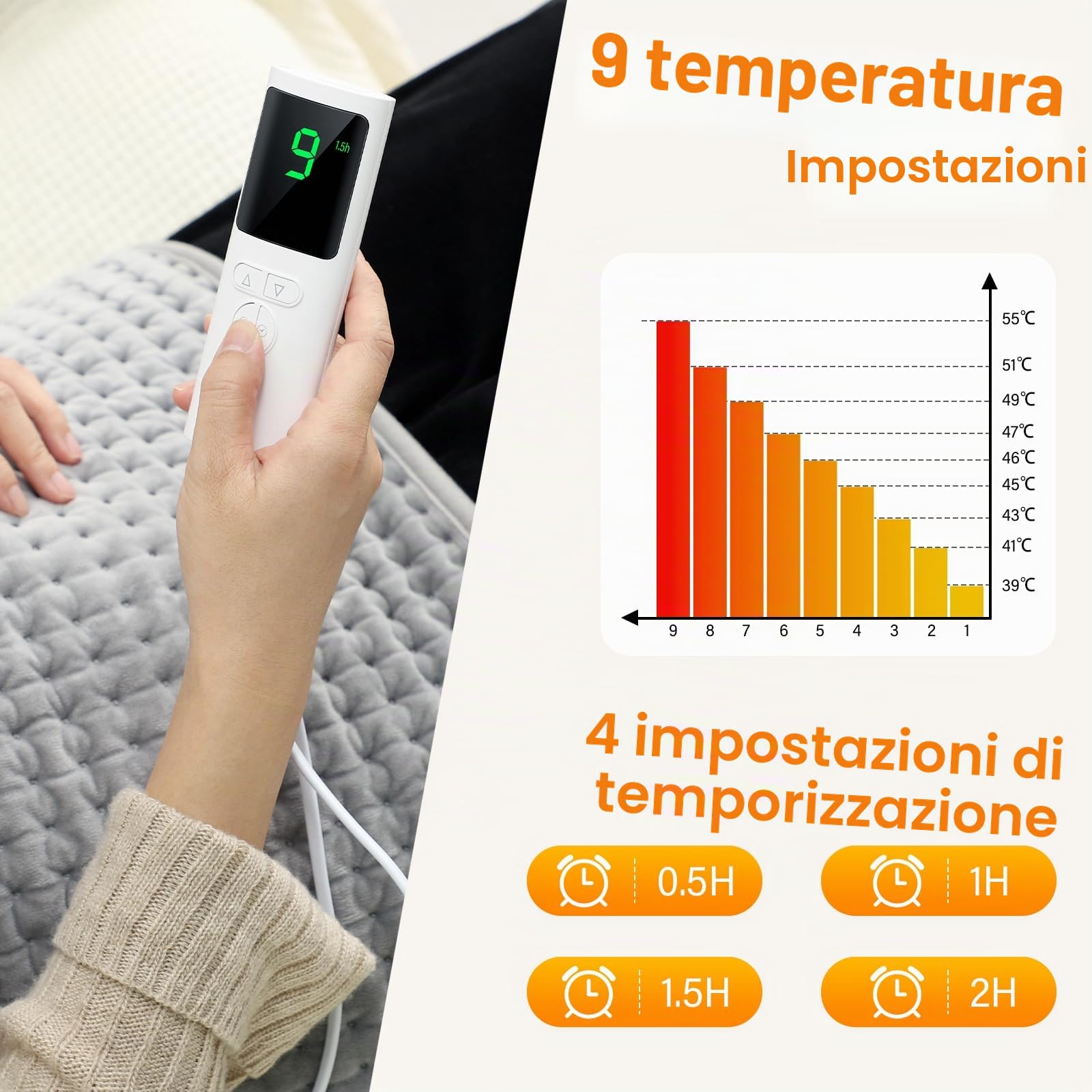 125x30cm Termoforo Elettrico, Termoforo Lombare, Fascia Lombare Riscaldante, 9 Livelli Di Riscaldamento, 4 Impostazioni Di Temporizzazione, Lavabile, per Schiena, Collo, Spalle, Addome