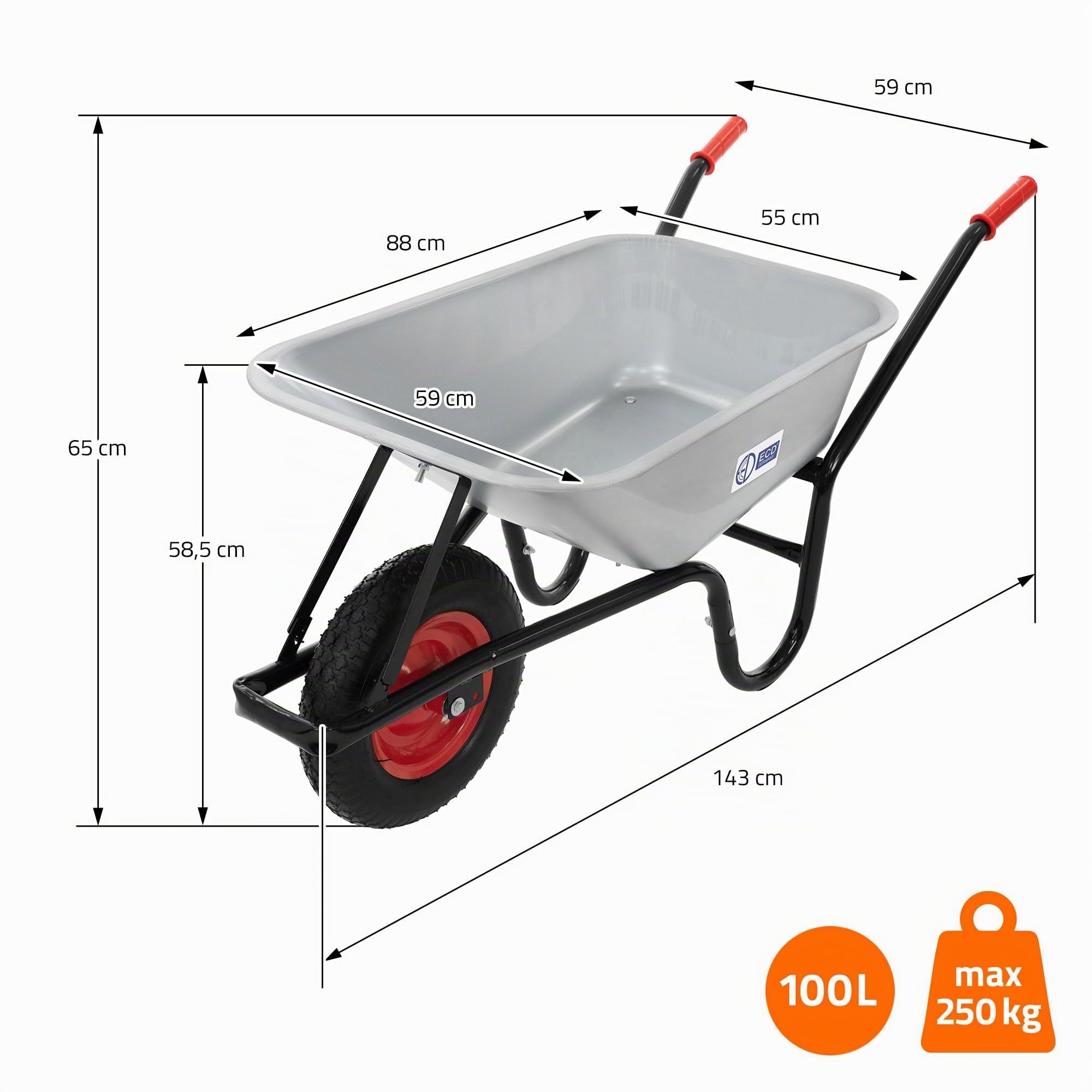 ECD Germany Brouette de Jardin 100L, Cuve en Acier Galvanisé, Robuste, Grande Roue Pneumatique avec Jante en Métal, Chariot de Transport Feuilles, Sable, Herbe, Charge Maximale 250 kg, Argent