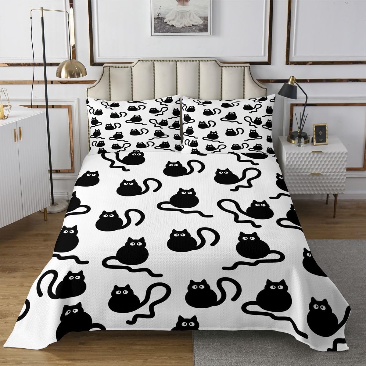 Castle Fairy Black Cat Quilt Sets King Size,Lovely Kitten Bedspread Coverlet 3Pcs for Woman Men Adults Room Decor,Cute Pet Cats Pattern Bedding QuiltsCartoon Animal Comforter Set,2 Pillowcases