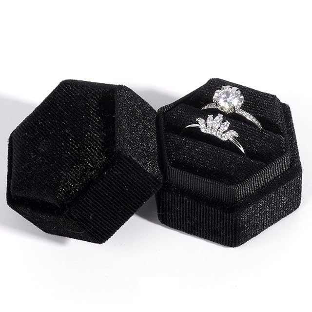 Velvet 2 Slots Jewelry Ring Box Hexagon Premium Gorgeous Vintage Double Ring Gift Box with Detachable Lid for