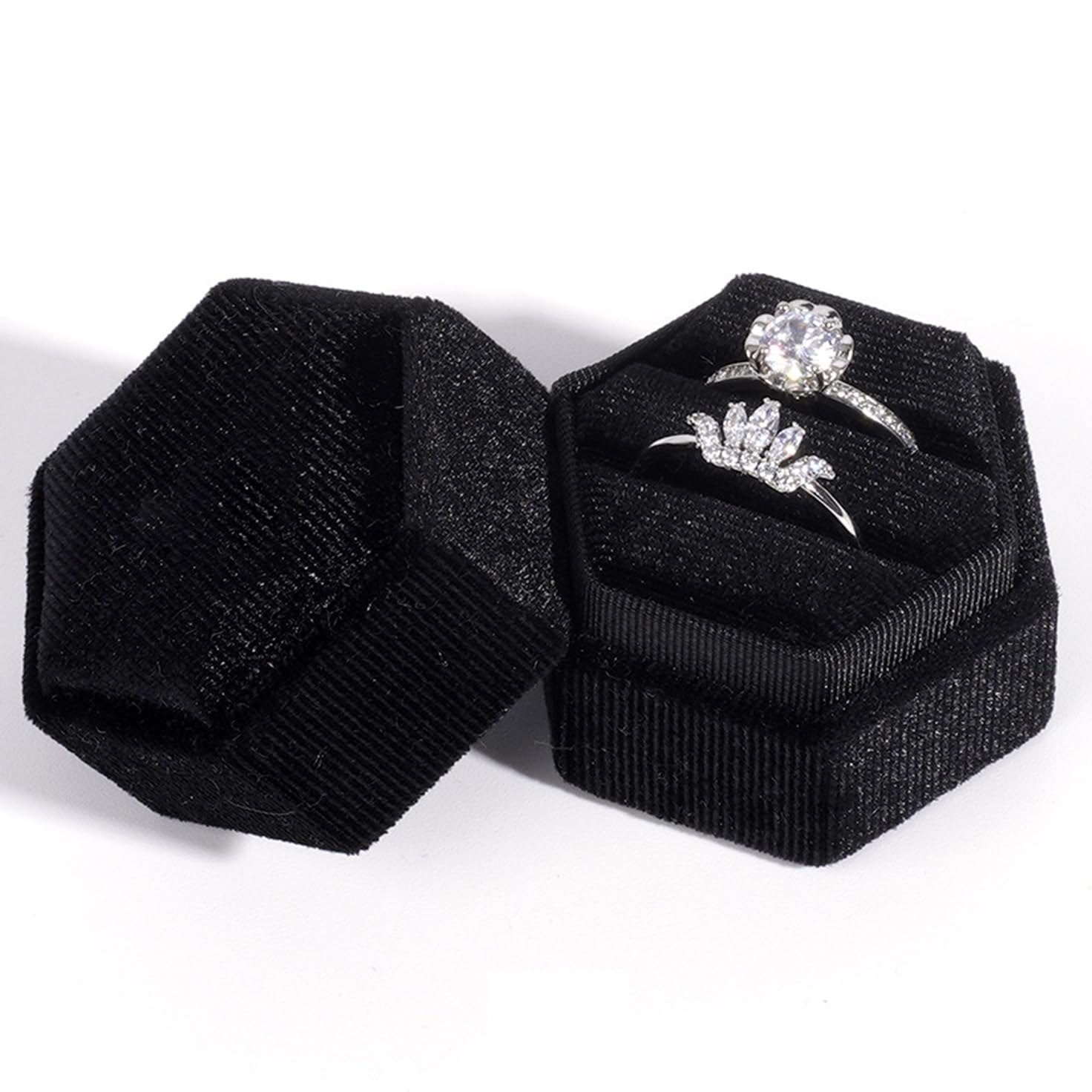 Velvet 2 Slots Jewelry Ring Box Hexagon Premium Gorgeous Vintage Double Ring Gift Box with Detachable Lid for